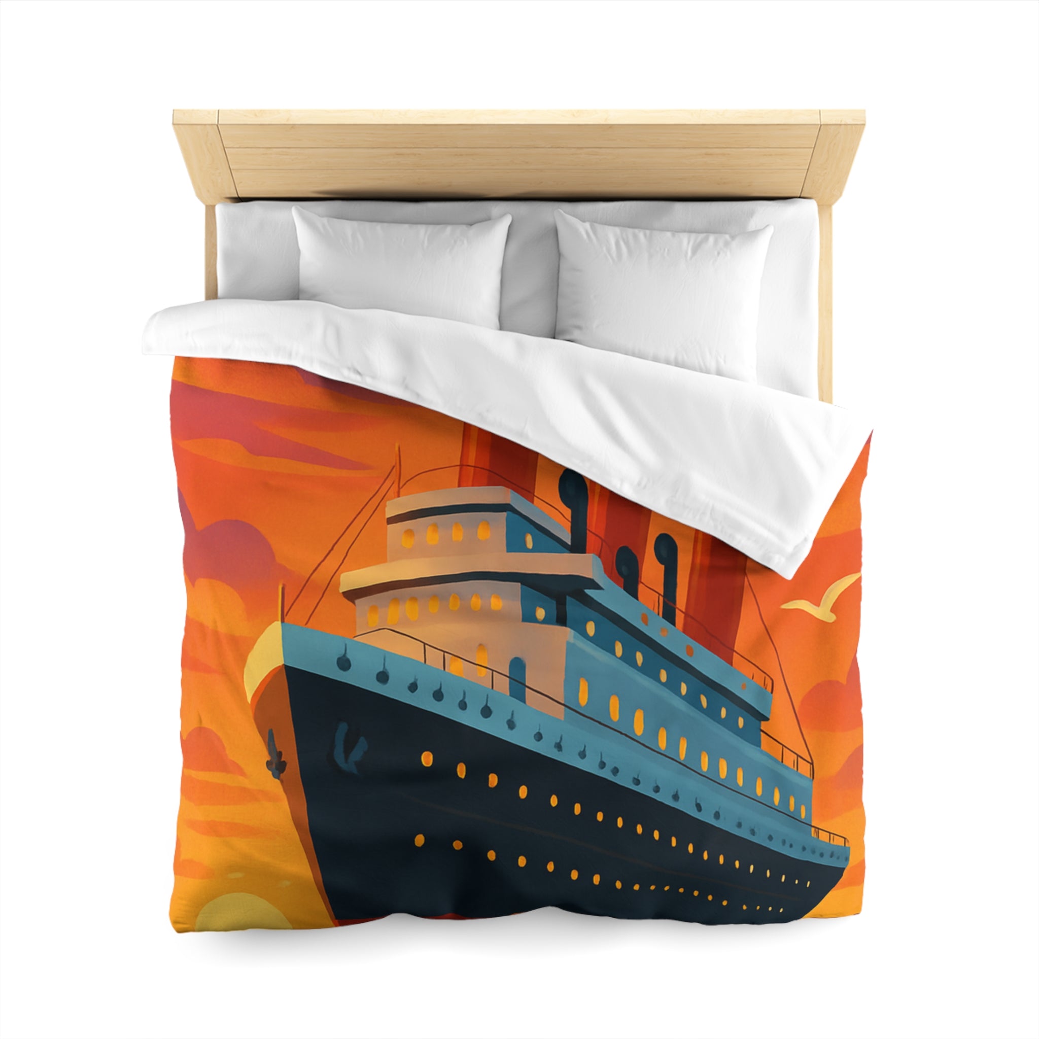 Superbe housse de couette avec paquebot vintage sous un coucher de soleil flamboyant