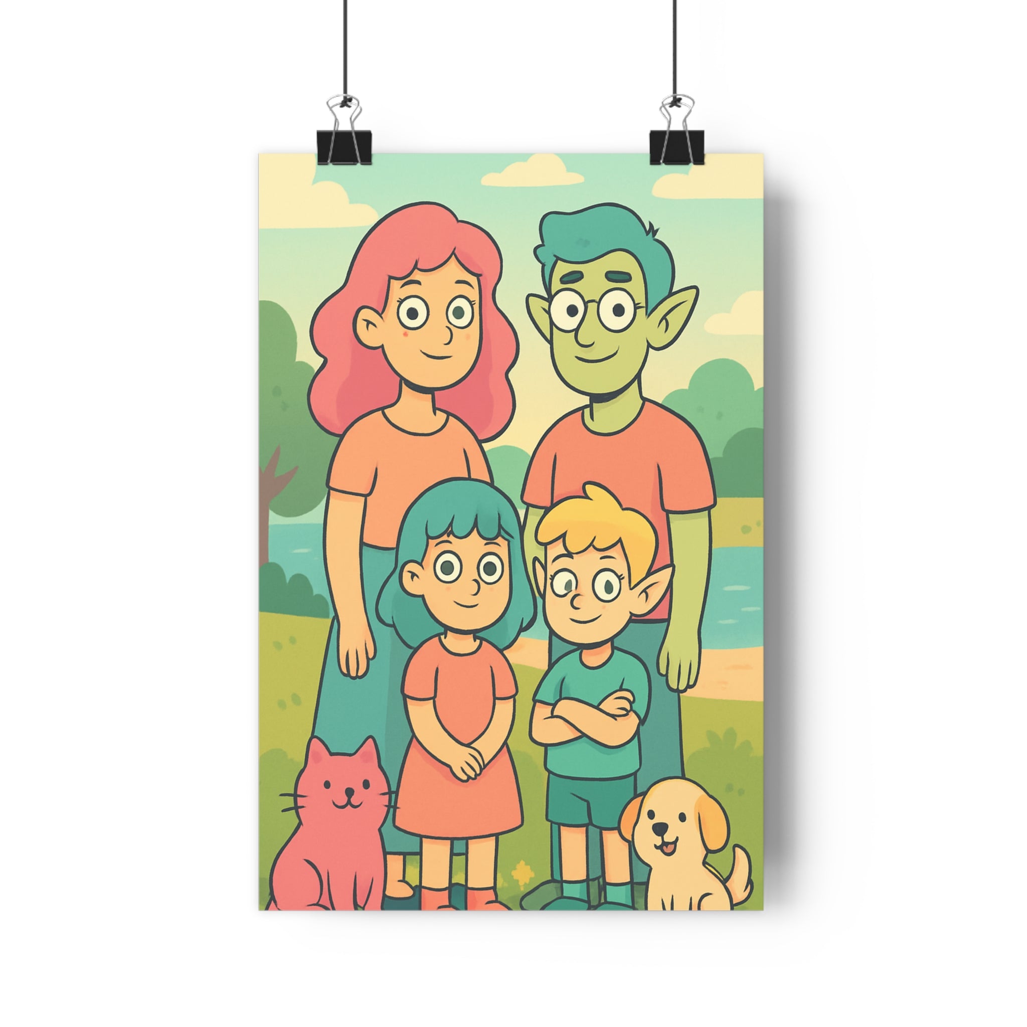 Poster décoratif cartoon pastel joyeux famille enfants animaux salon chambre lumineux coloré paysage arbre