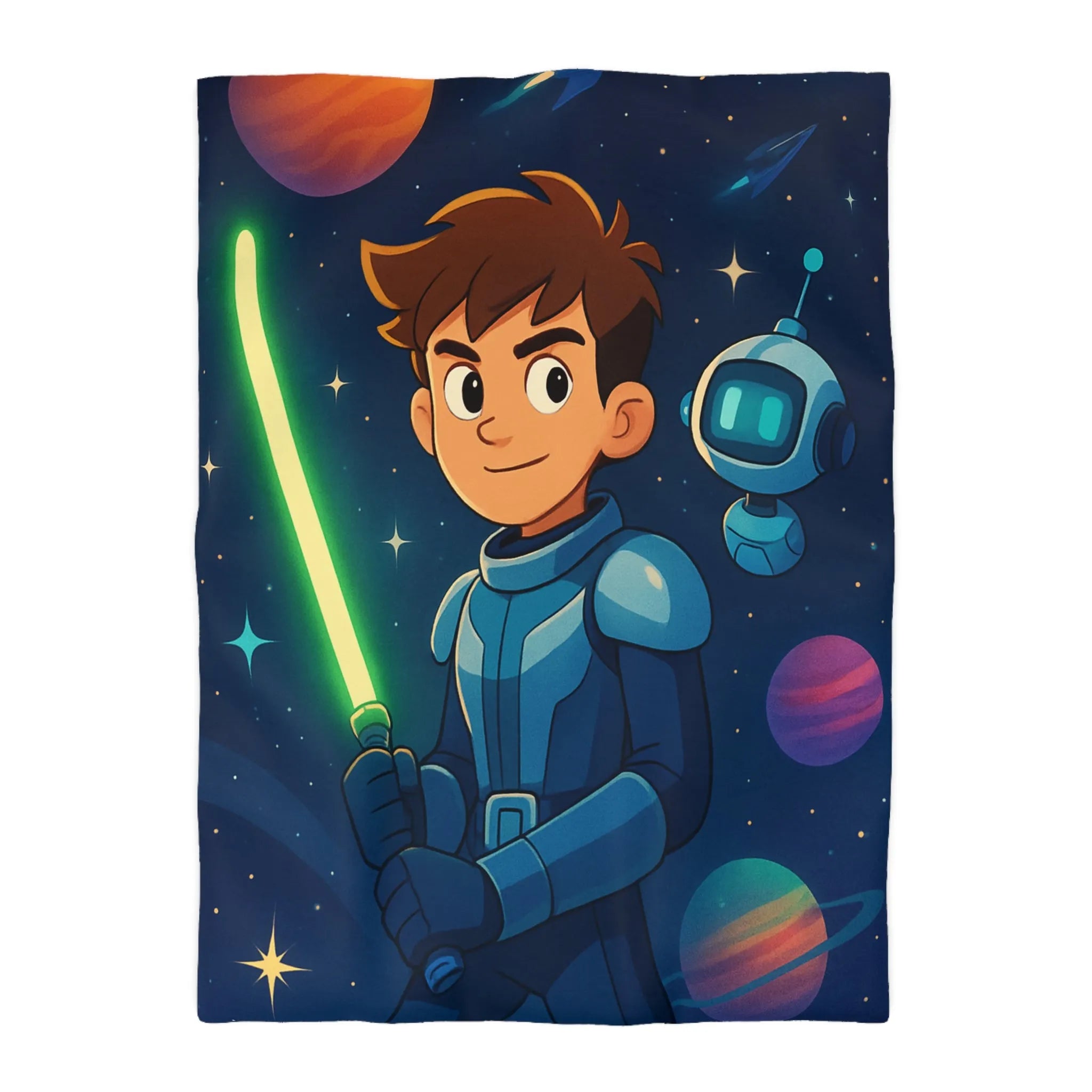 Housse de couette galactique avec enfant et robot, étoiles scintillantes et planètes colorées