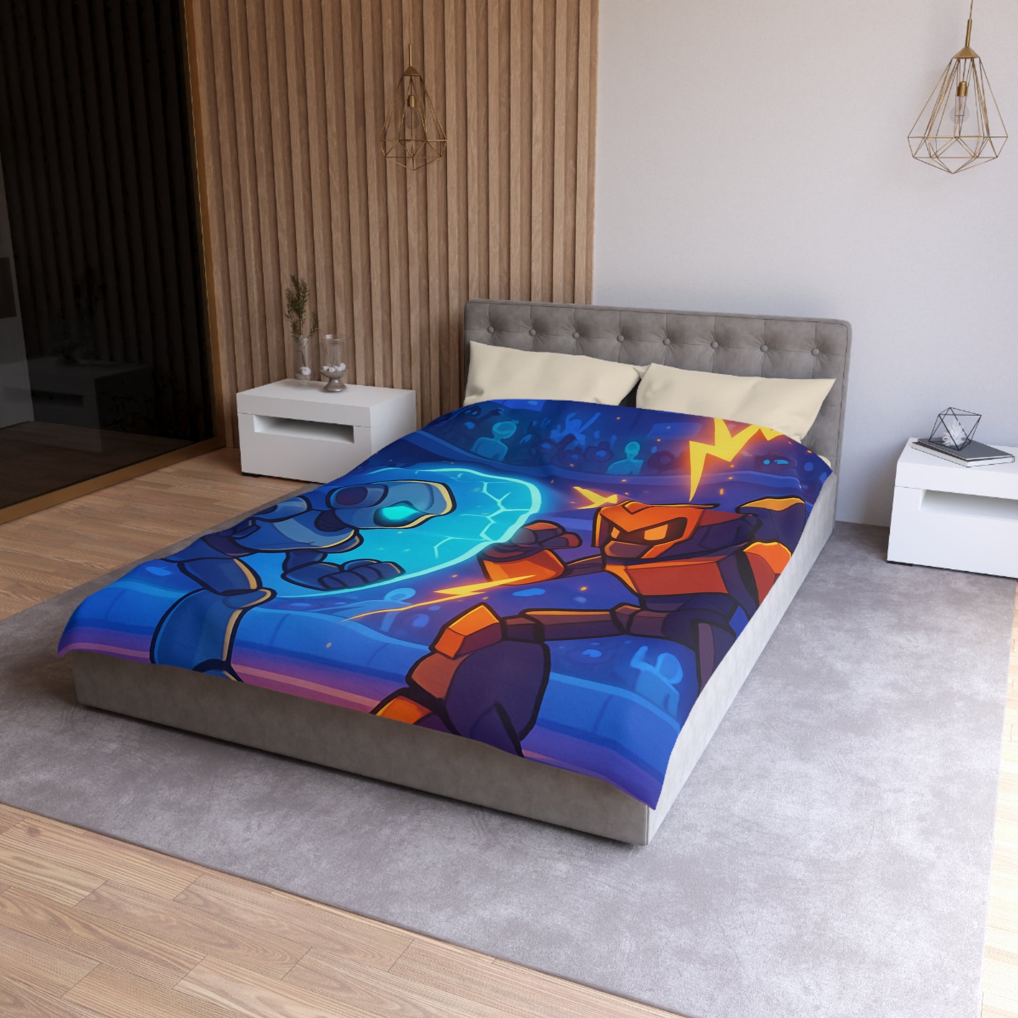"Housse de couette avec robots futuristes en duel, éclairs et énergie dans l'arène"