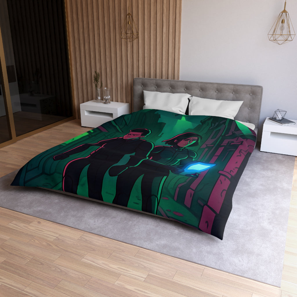 Housse de couette motif espionnage futuriste avec drones dans une ruelle mystérieuse