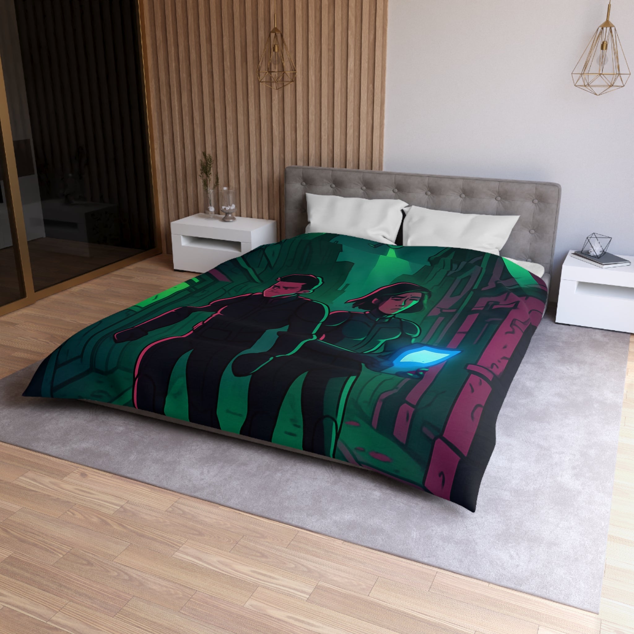 Housse de couette motif espionnage futuriste avec drones dans une ruelle mystérieuse