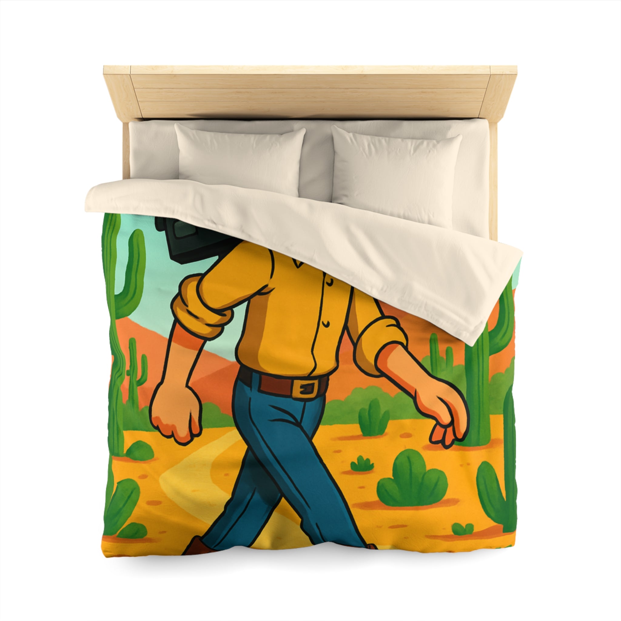 Housse de couette western cowboy dessin animé, désert cactus rétro style vibrant