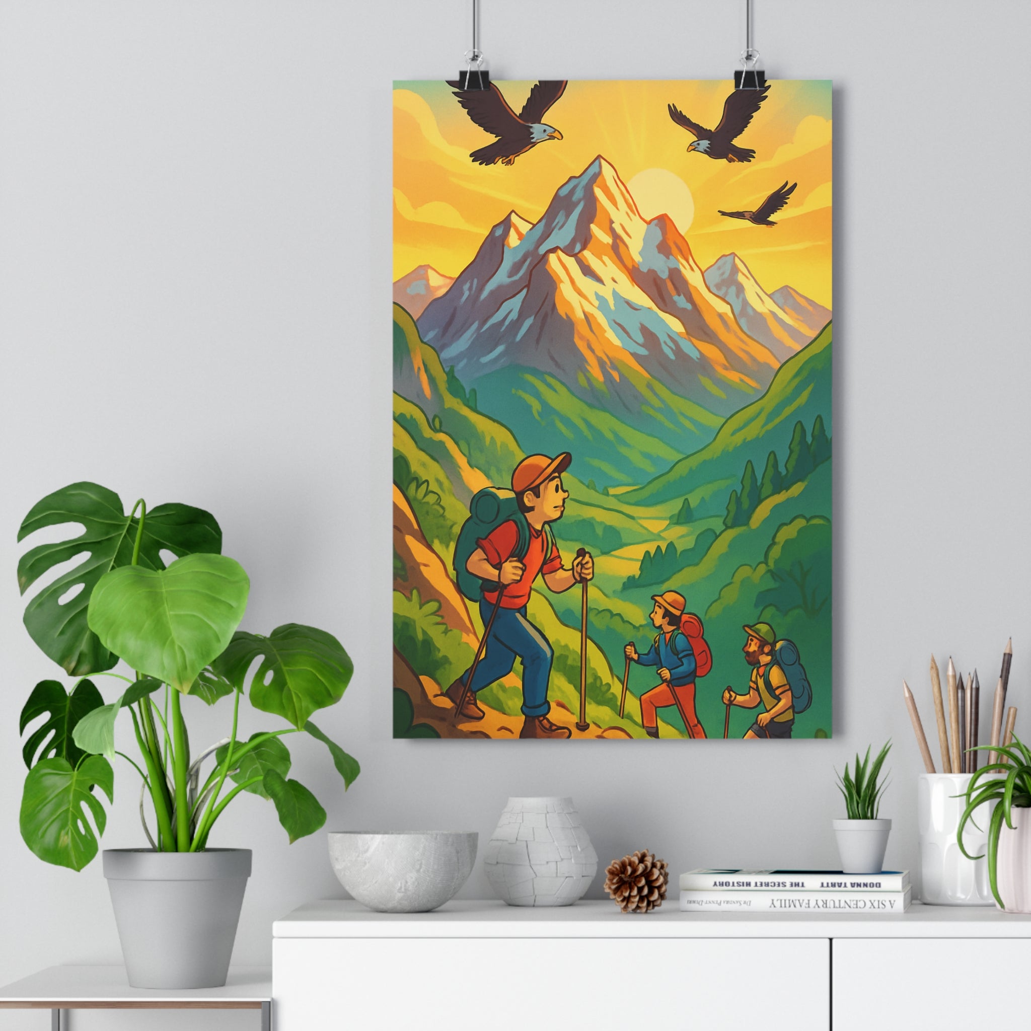 Poster décoratif aventure montagnes vert bleu cartoon dynamique salon bureau inspirant paysage nature qualité