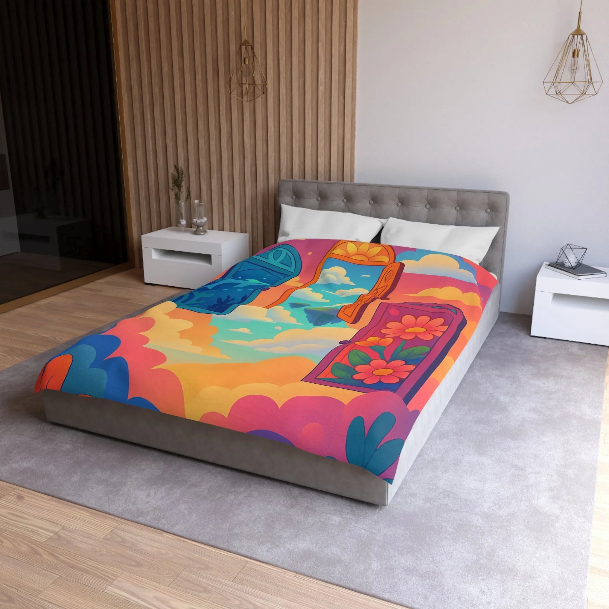 Housse de couette colorée avec trois portes magiques et paysages oniriques enchanteurs