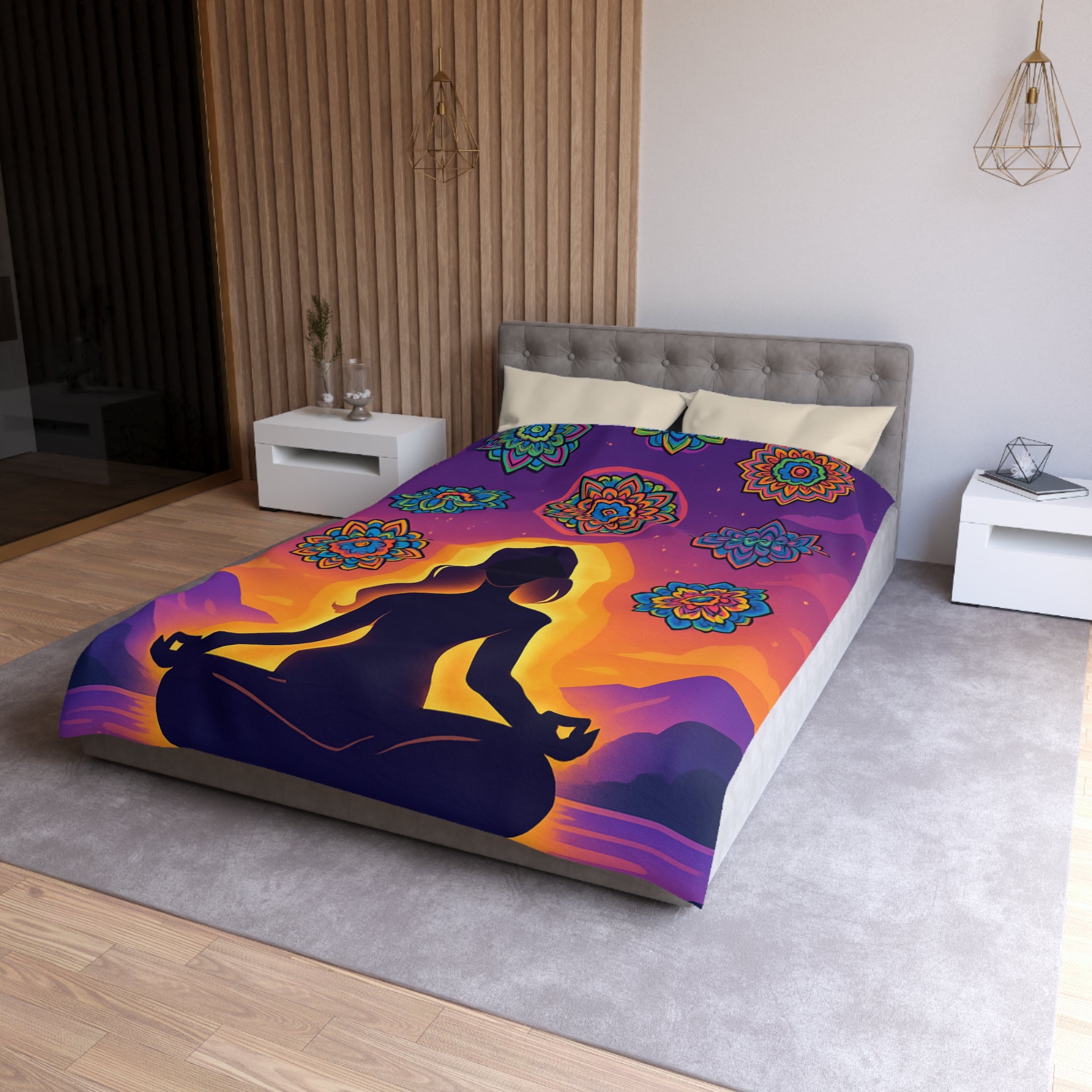 Paisible méditation silhouettée avec mandalas colorés et paysage crépusculaire serein et enchanteur