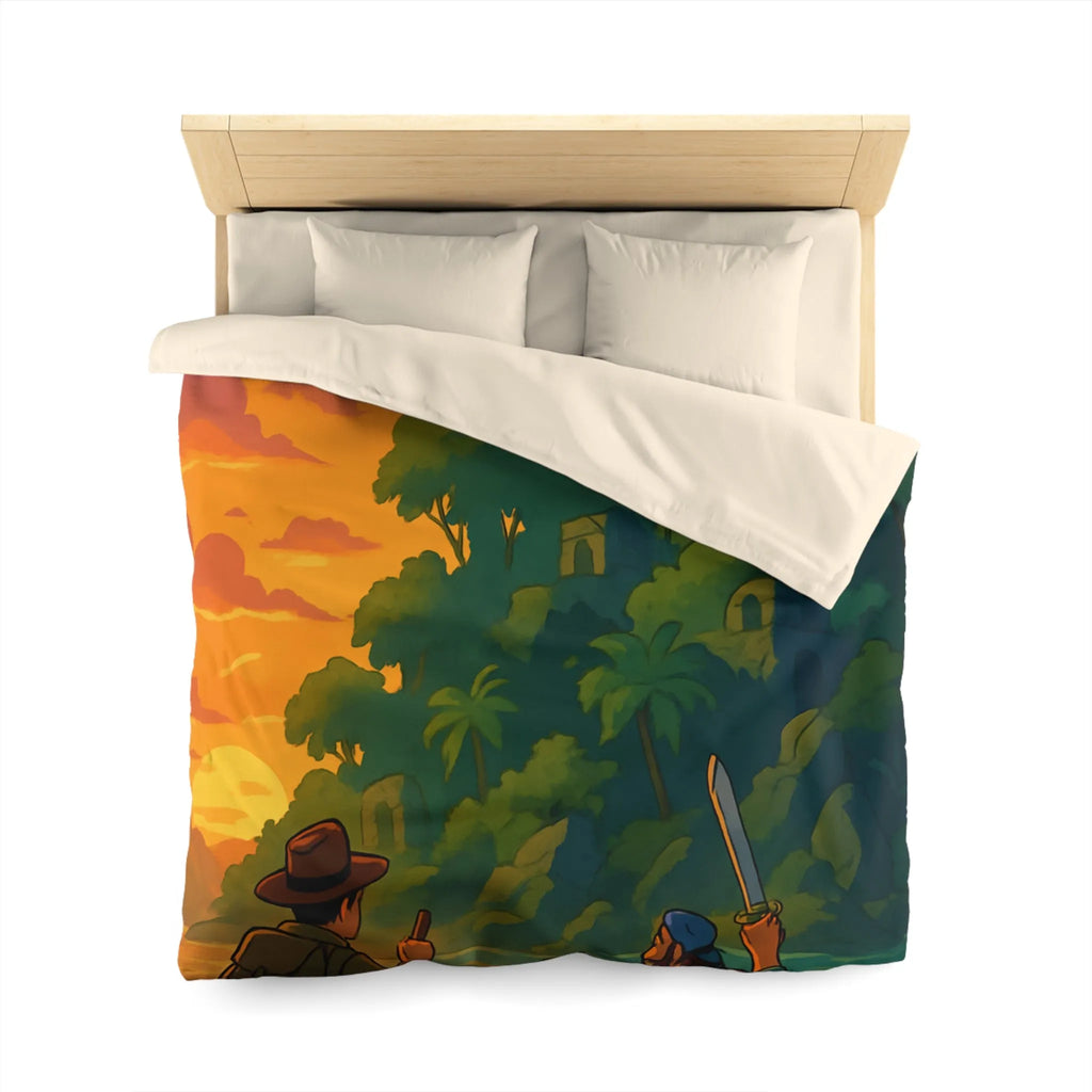 Housse de couette aventureuse avec scène tropicale au coucher du soleil et ruines mystérieuses