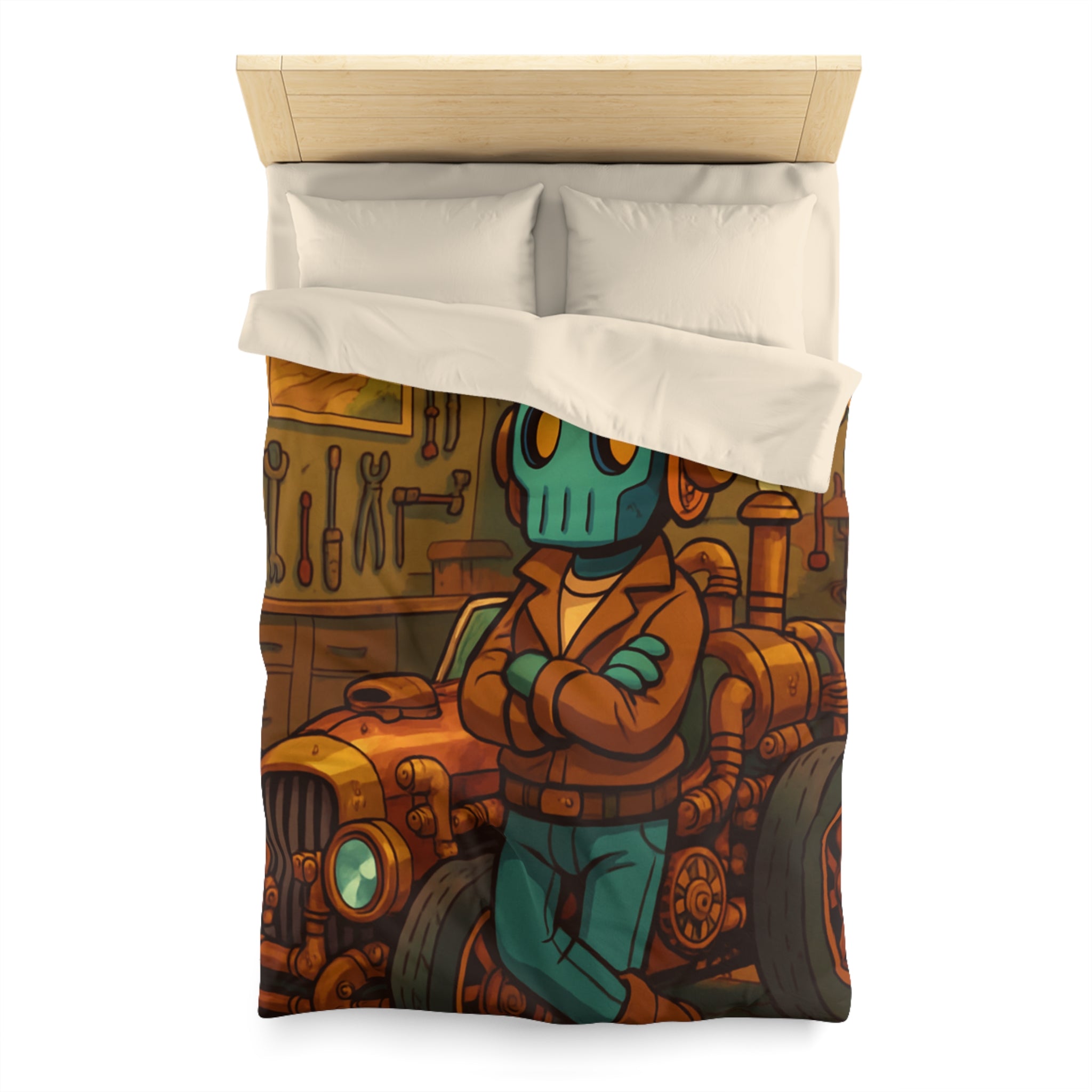 Housse de couette rétro steampunk avec voiture vintage et robot dans un atelier