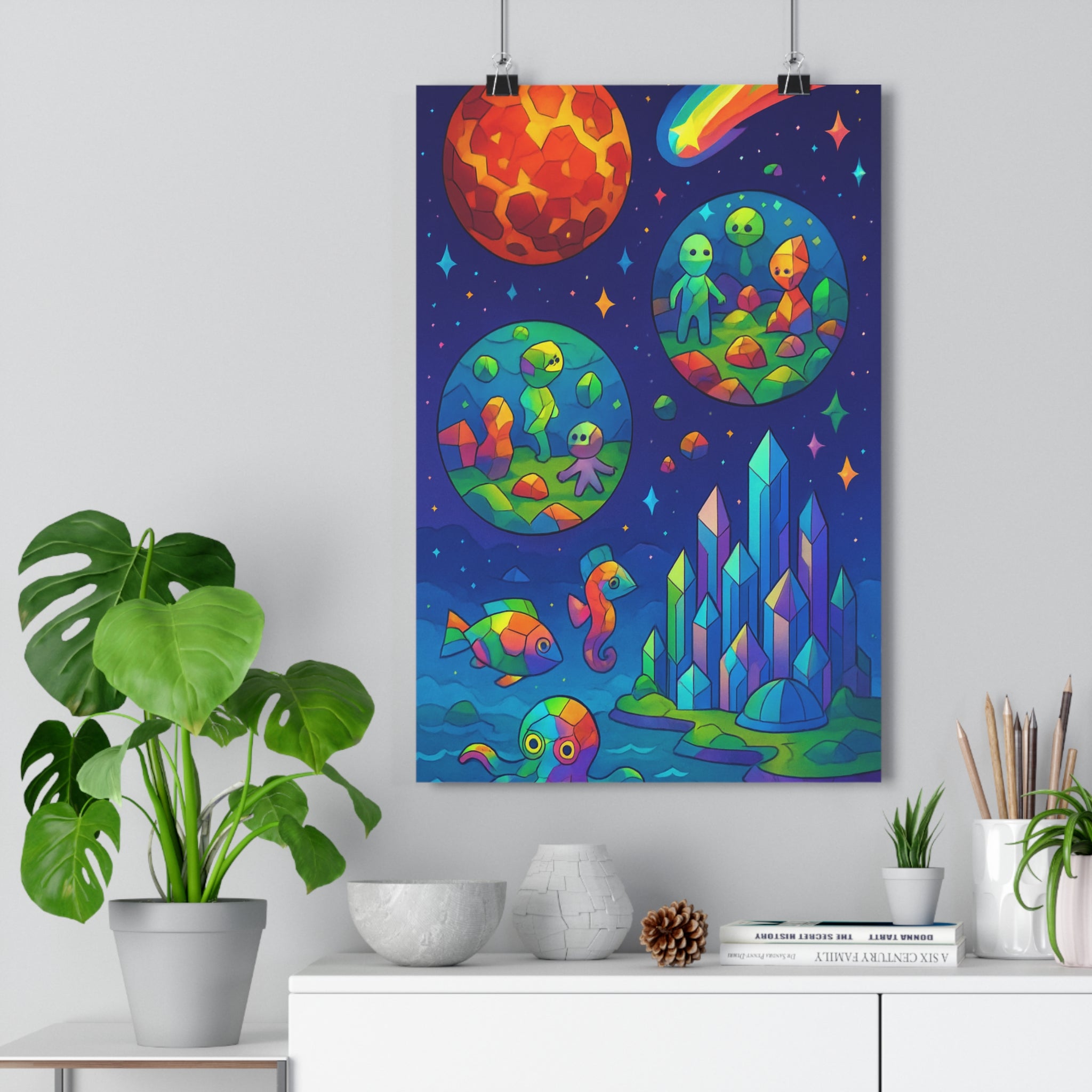 Poster décoratif moderne coloré céleste vibrant salon chambre art cosmique paysage extraterrestre géométrique cristal