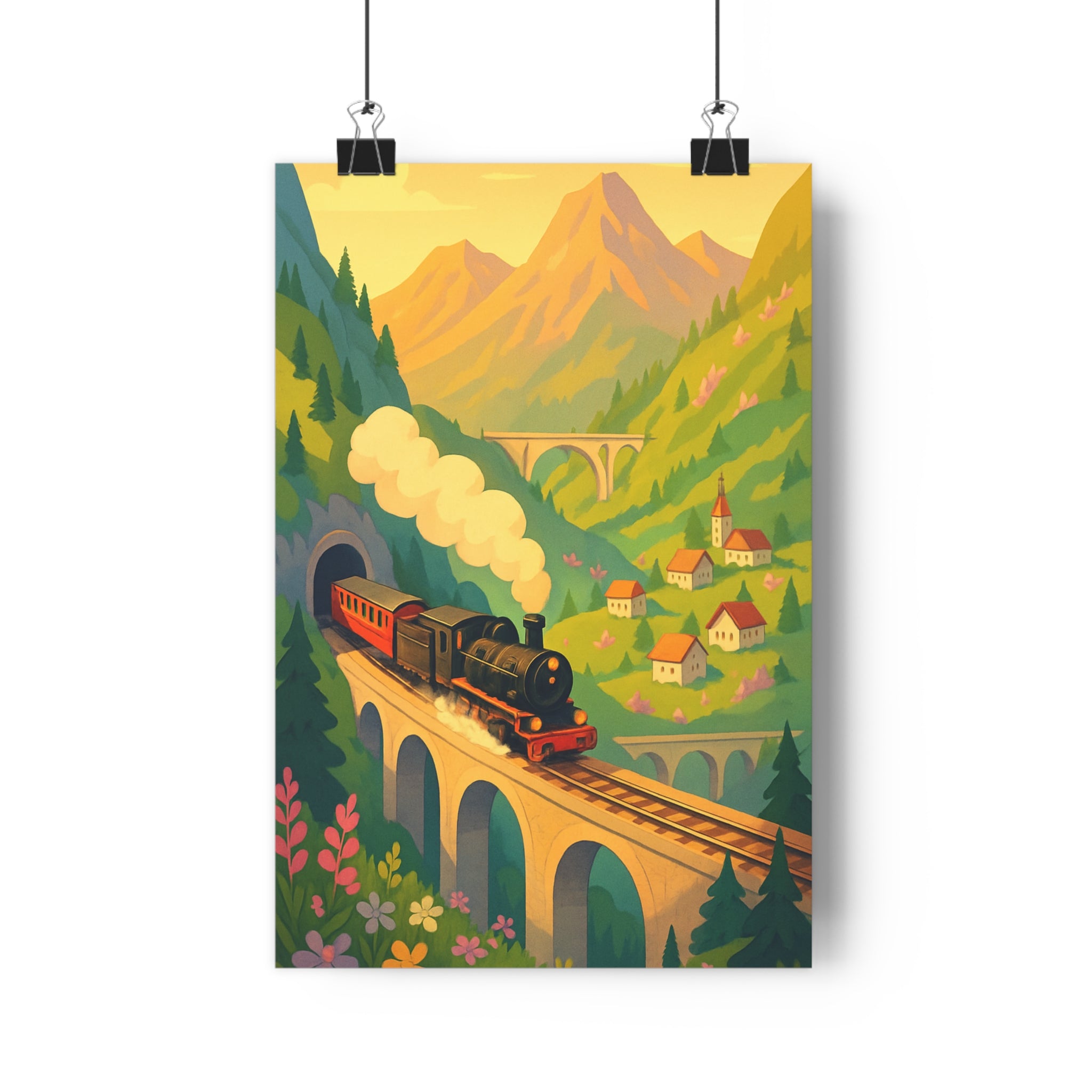 Poster décoratif nostalgique montagne rétro cartoon ensoleillé salon chambre aventure chaleur couleurs chaudes vintage