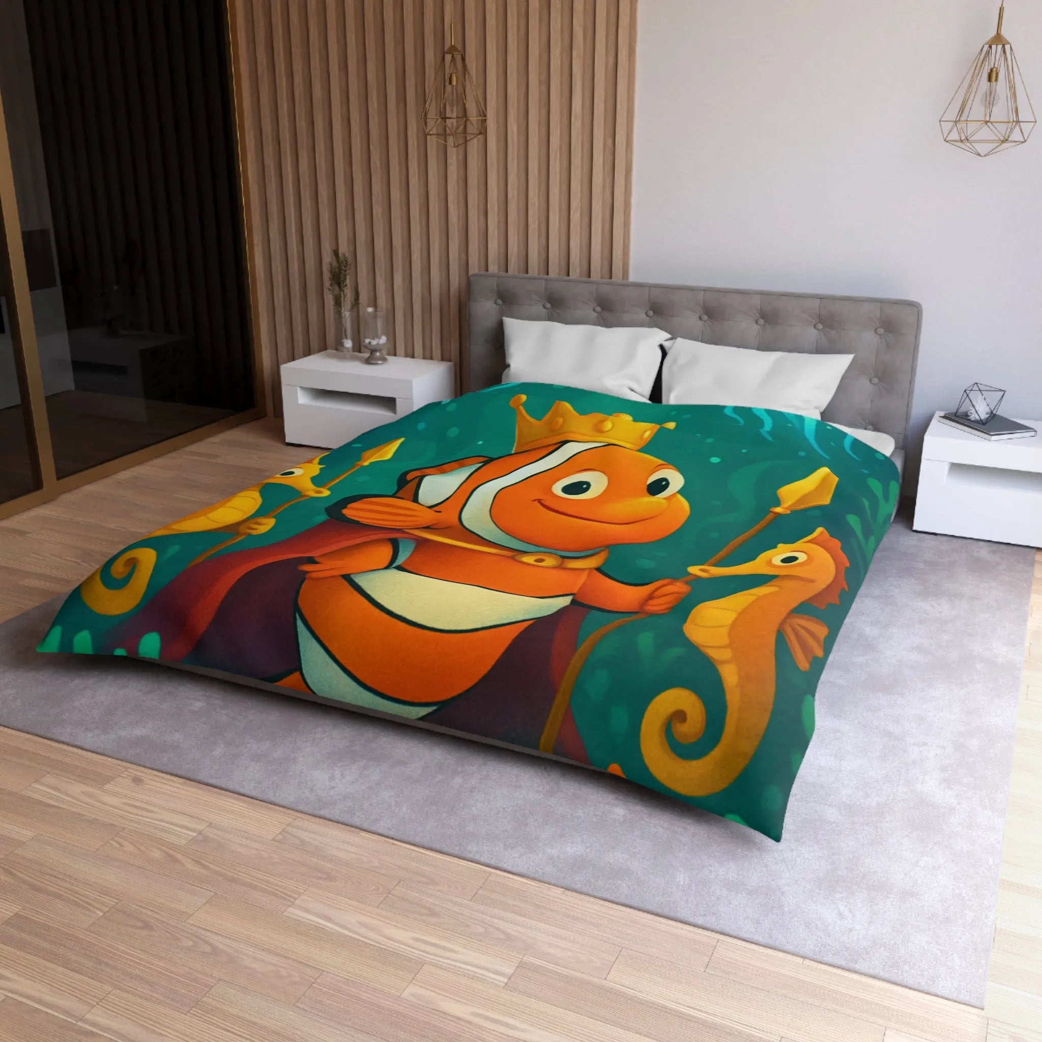 Housse de couette enfant joyeuse poisson clown roi et hippocampes joueurs aquatiques