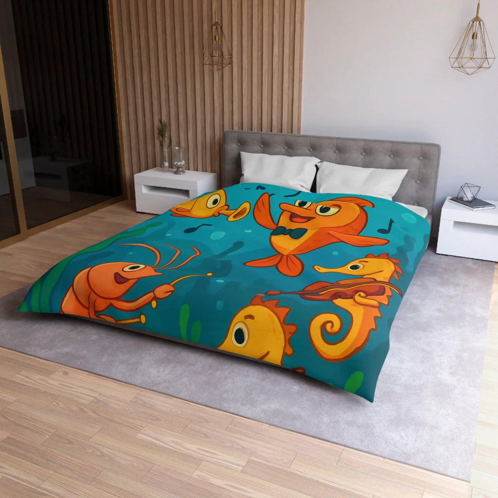 Housse de couette ludique pour enfants avec orchestre sous-marin de poissons et hippocampes