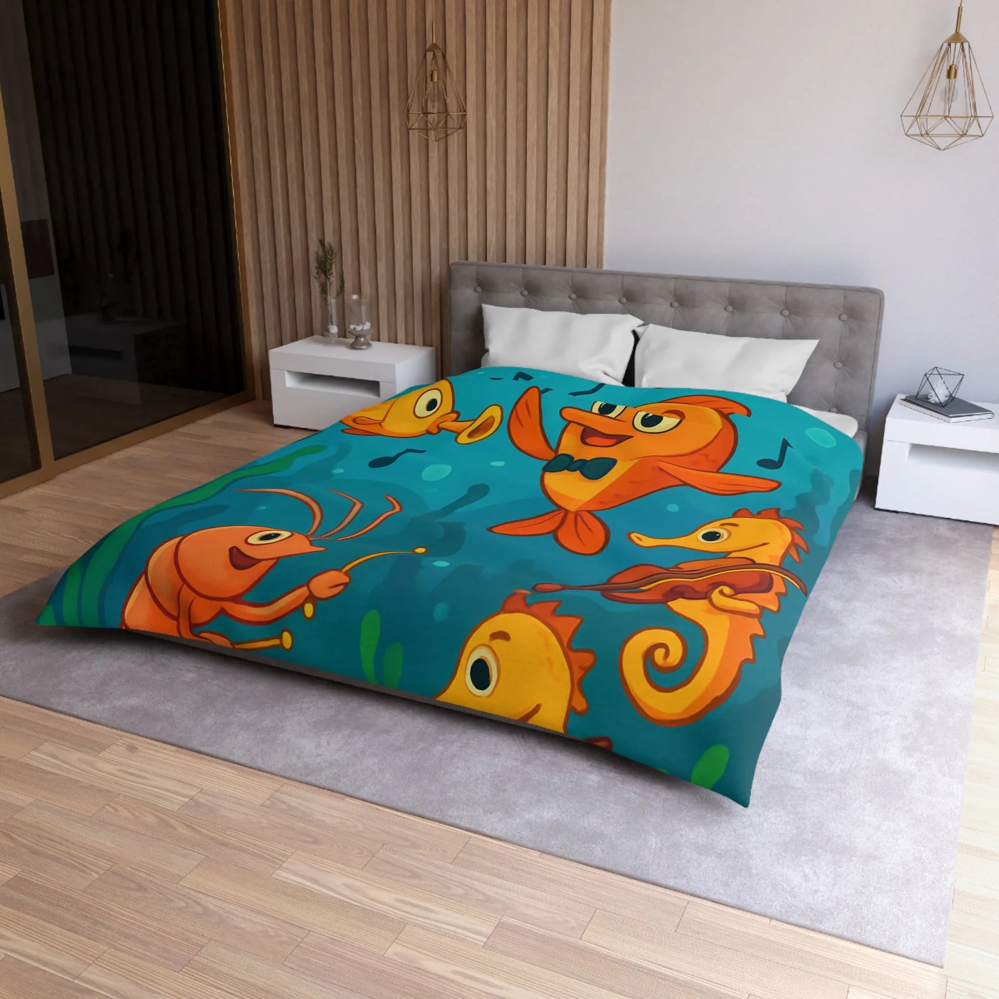 Housse de couette ludique pour enfants avec orchestre sous-marin de poissons et hippocampes