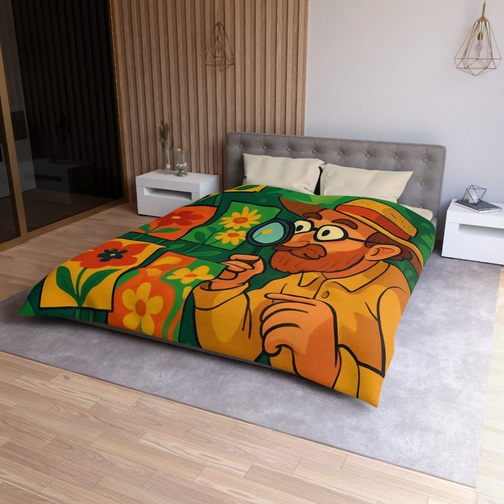 Housse de couette florale colorée avec botaniste examinant des illustrations en pleine nature