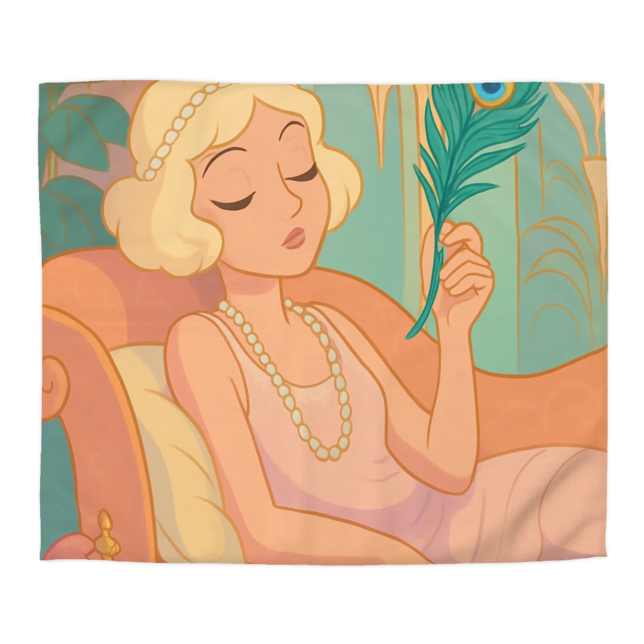 Élégance Art Déco : Femme avec Plume de Paon et Flacons de Parfum Pastels