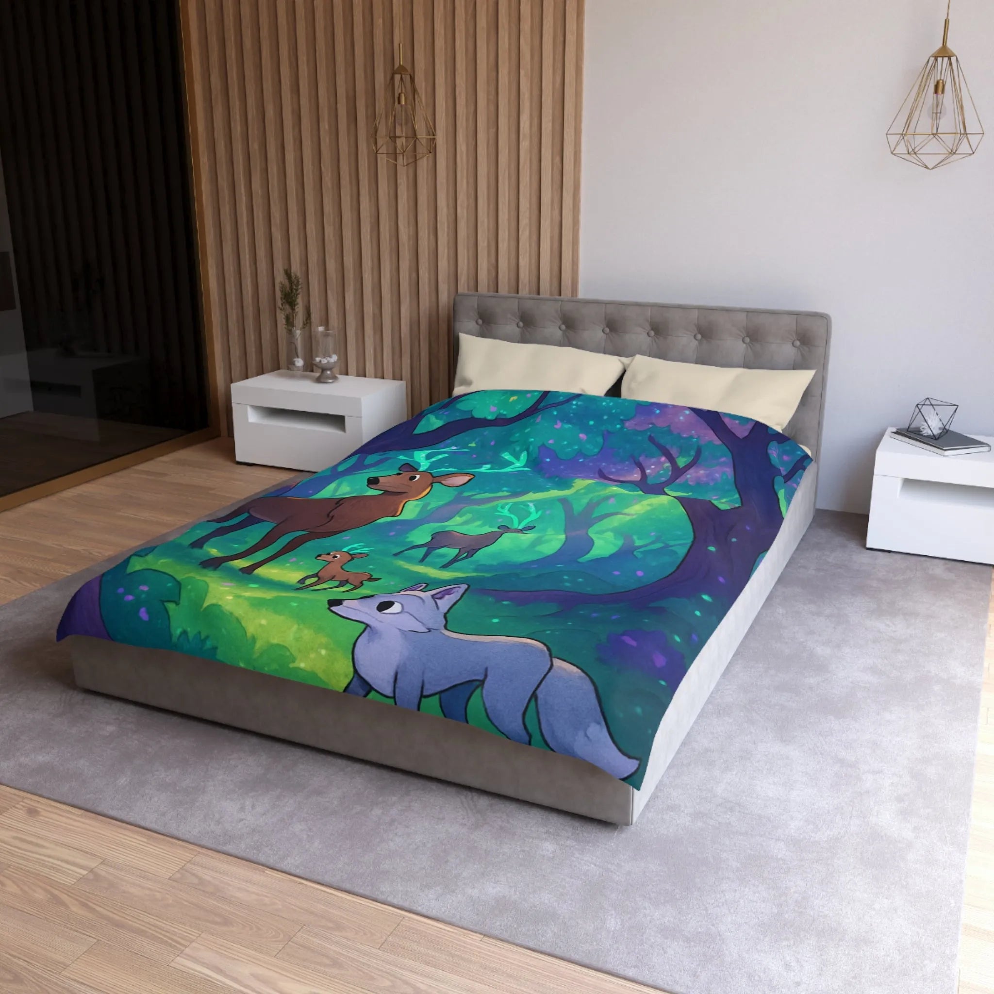 Housse de Couette Forêt Enchantée avec Cerfs Luminescents et Renard Magique Pour Enfants