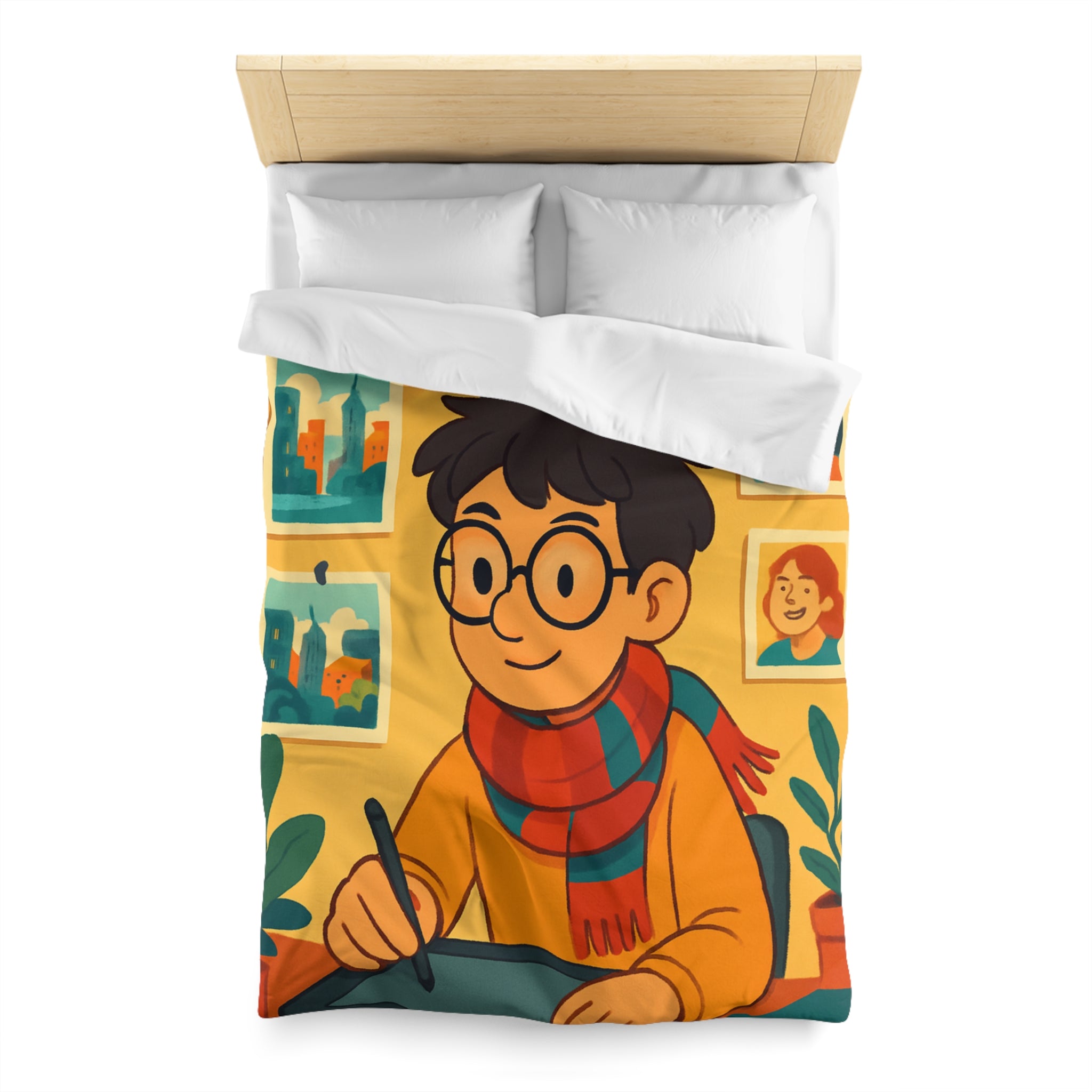 Housse de couette moderne avec illustrations colorées d'artiste travaillant dans un studio créatif