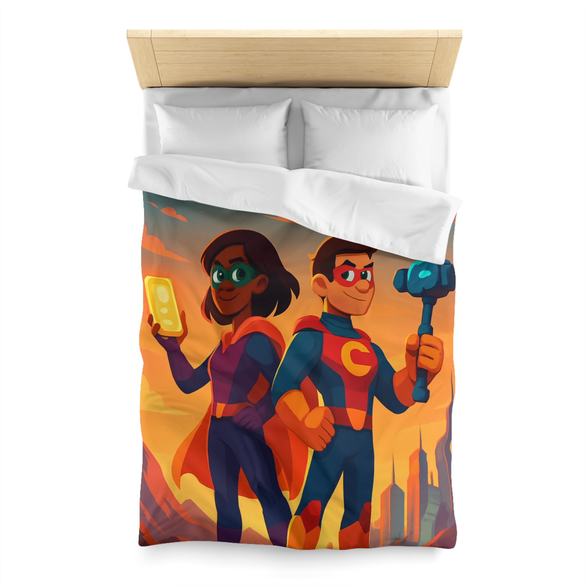 Super-héros Enfantins avec Drones dans Paysage Urbain Coloré Crépusculaire Illustré