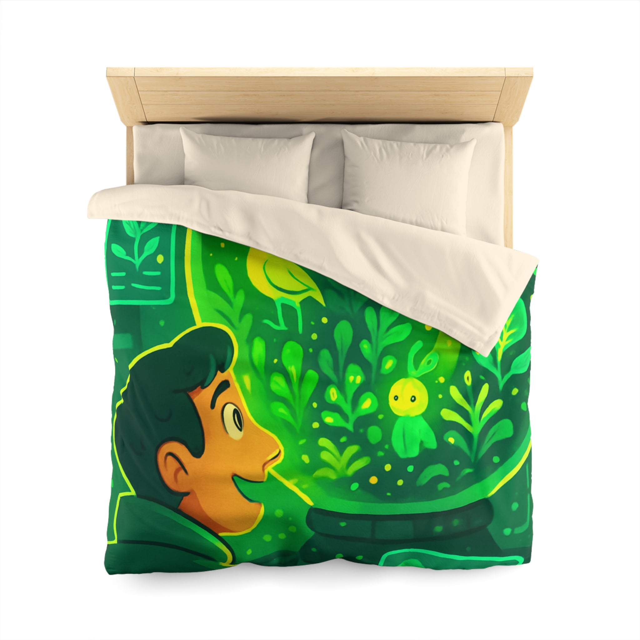 Housse de couette verte forêt magique avec créatures et éléments de laboratoire lumineux