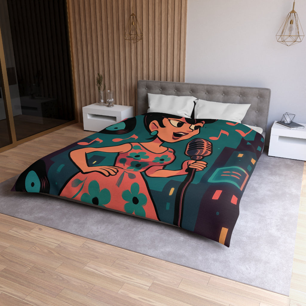 Housse de Couette Vintage Femme en Robe à Fleurs Chante Microphone Musique.