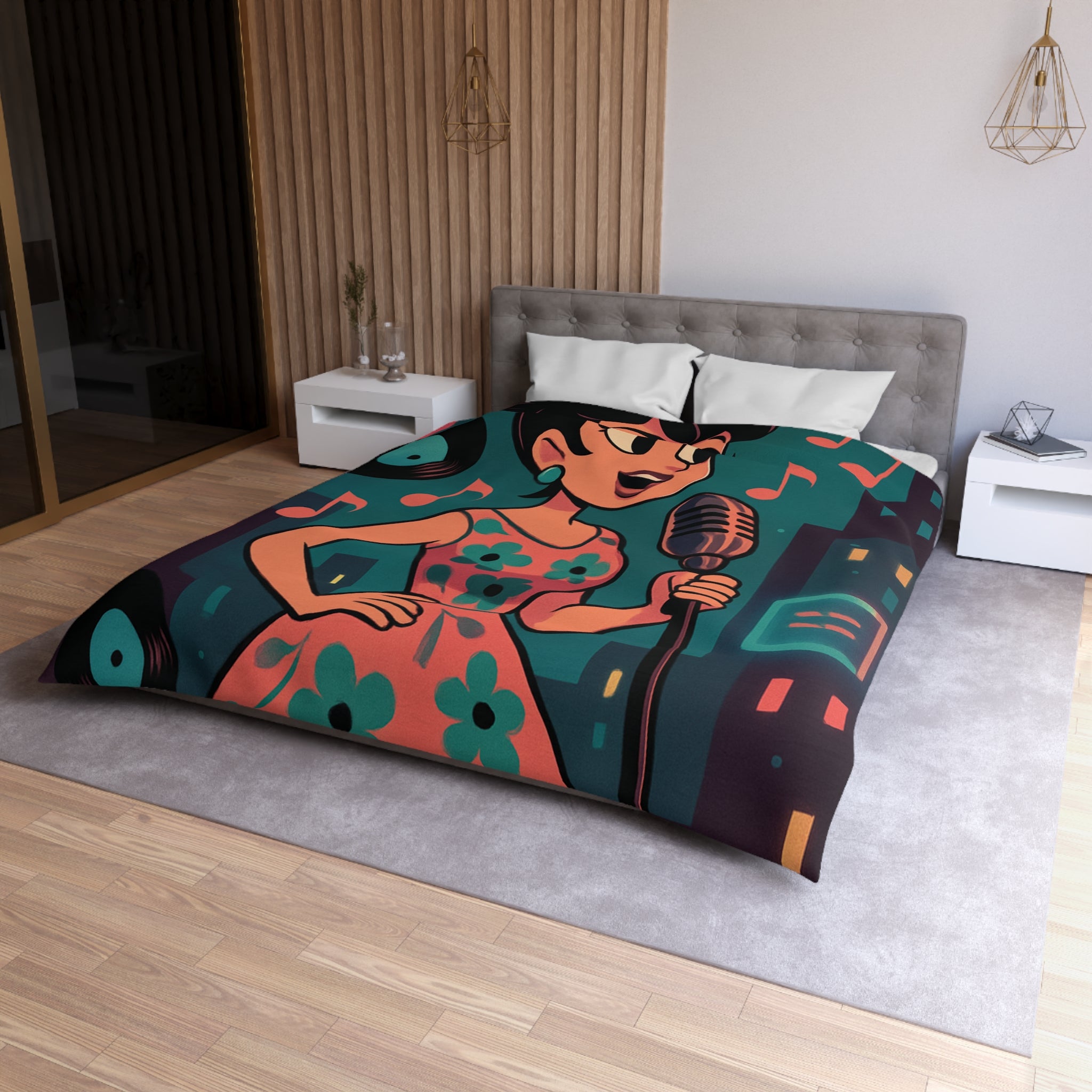 Housse de Couette Vintage Femme en Robe à Fleurs Chante Microphone Musique.