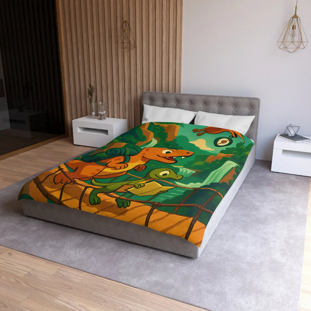 Housse de couette avec dinosaures explorateurs sur pont suspendu dans jungle luxuriante