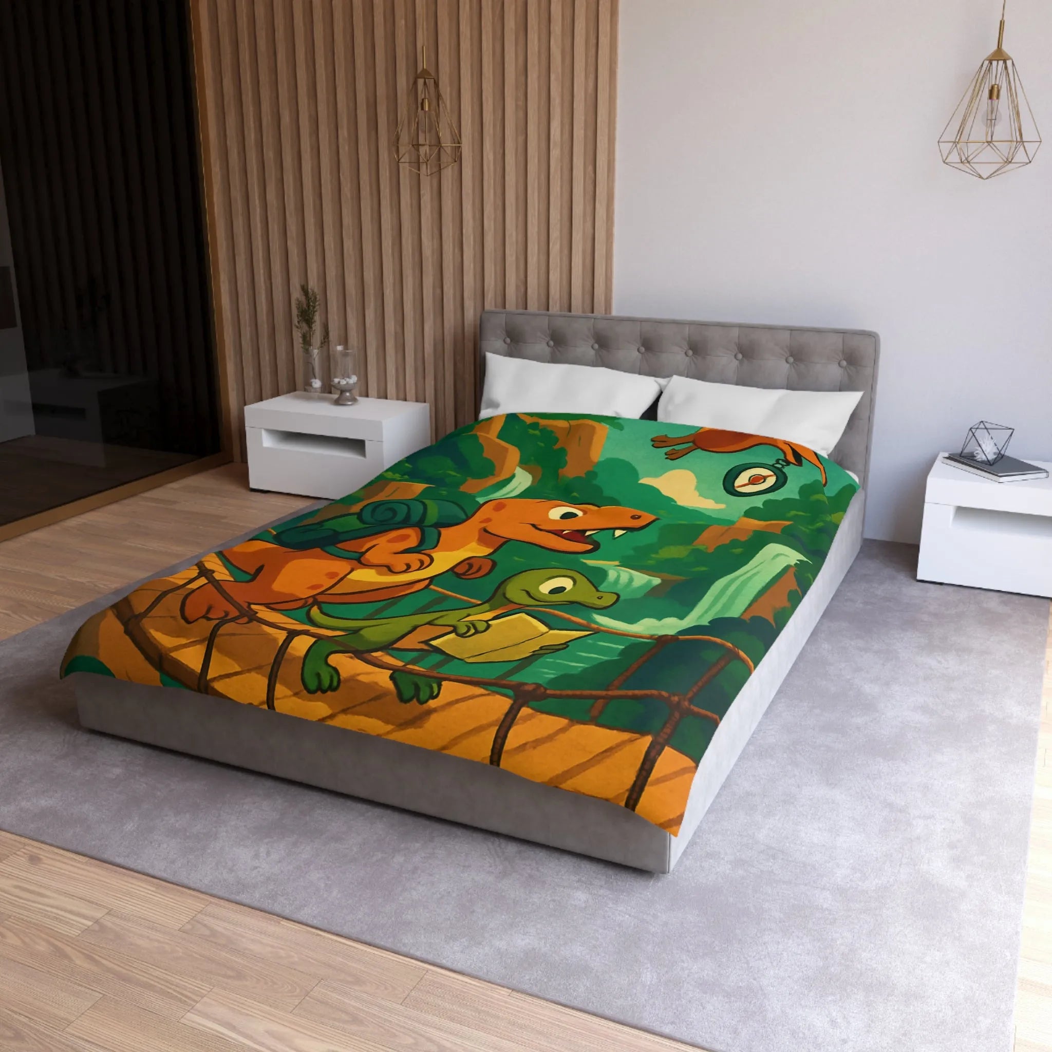 Housse de couette avec dinosaures explorateurs sur pont suspendu dans jungle luxuriante