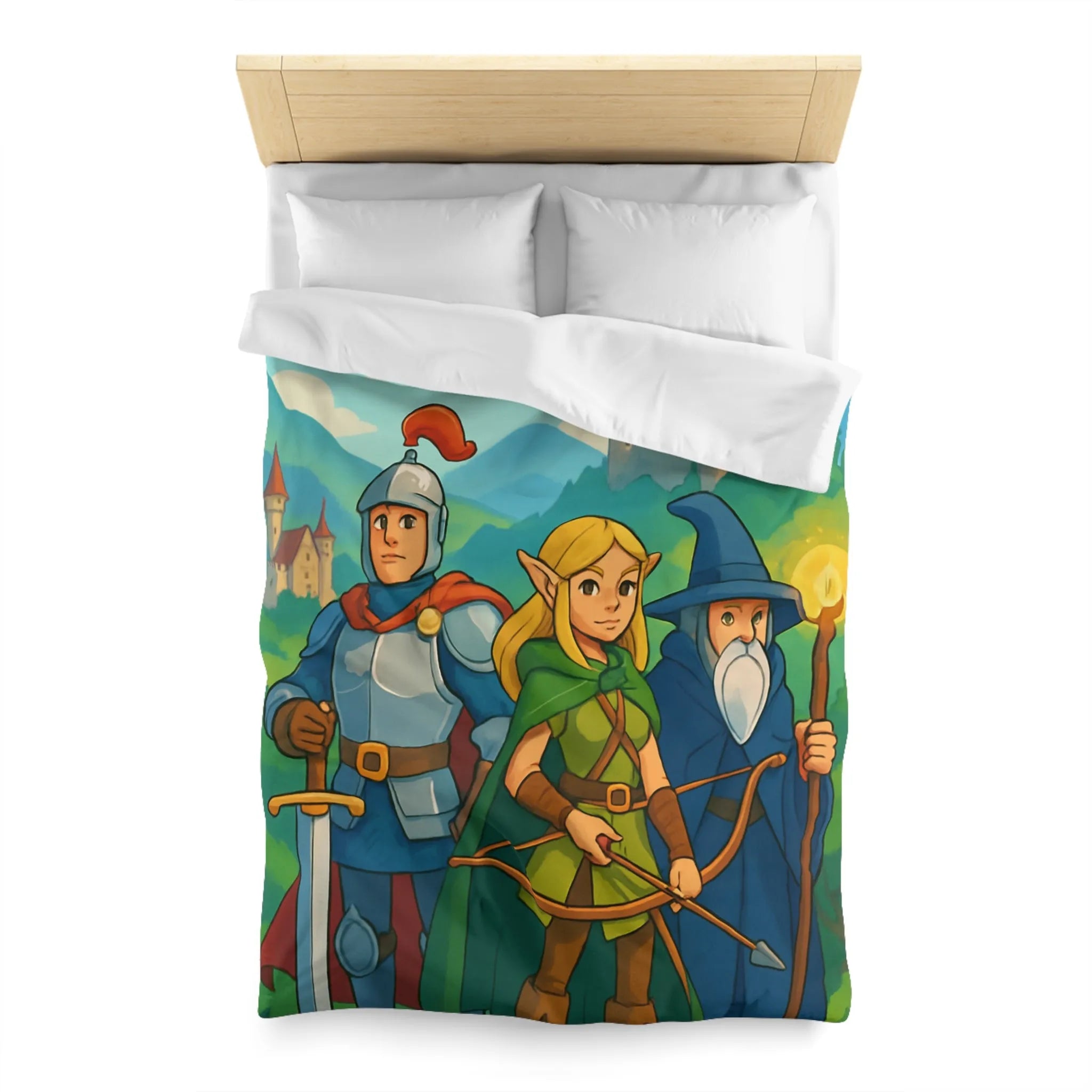 Housse de Couette Fantasy avec Chevalier, Archer Elf, Magicien, Château et Dragons