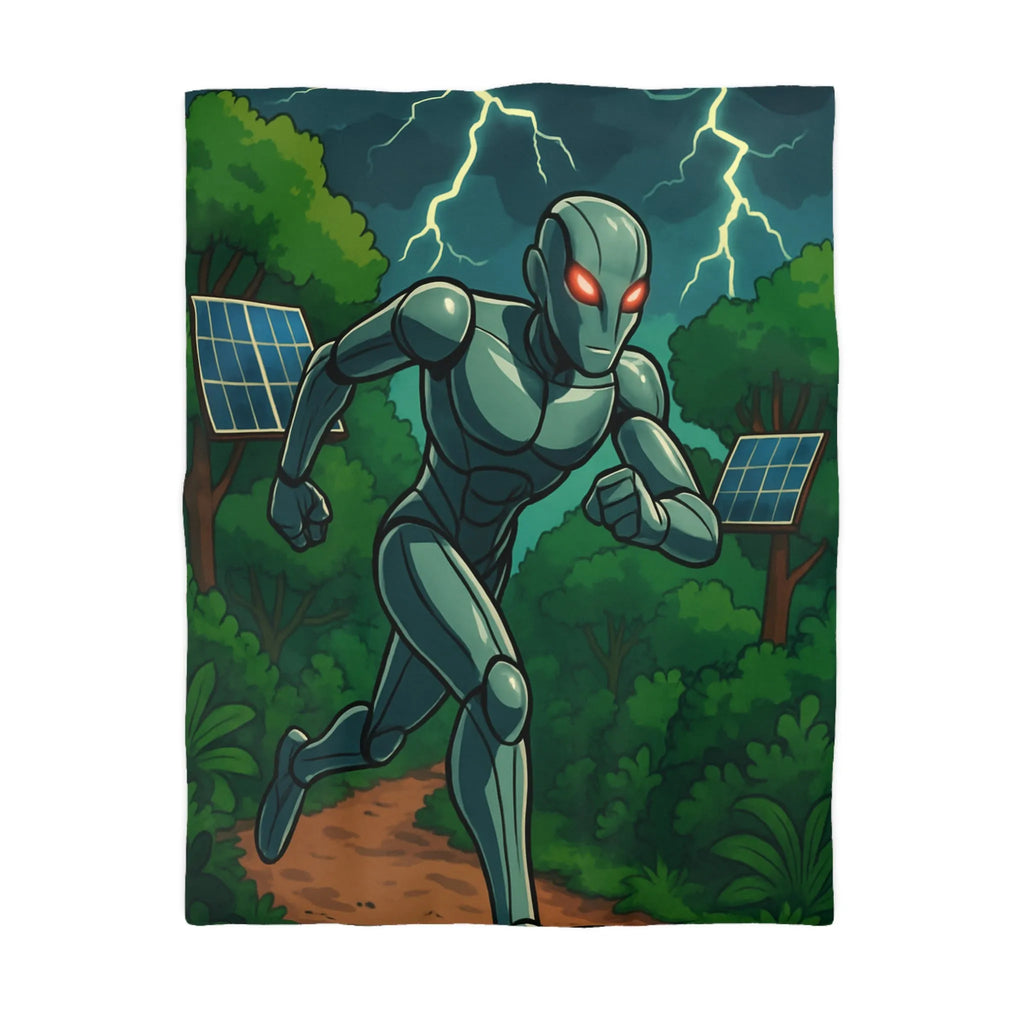 Housse de couette avec robot futuriste courant dans une jungle électrifiée et orageuse
