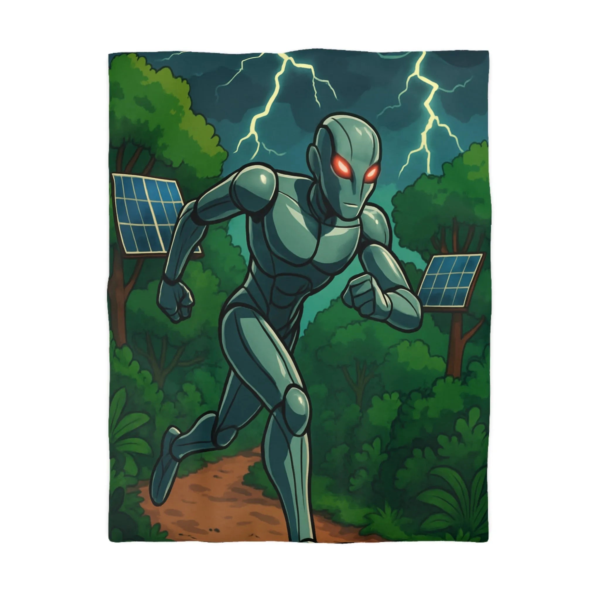Housse de couette avec robot futuriste courant dans une jungle électrifiée et orageuse