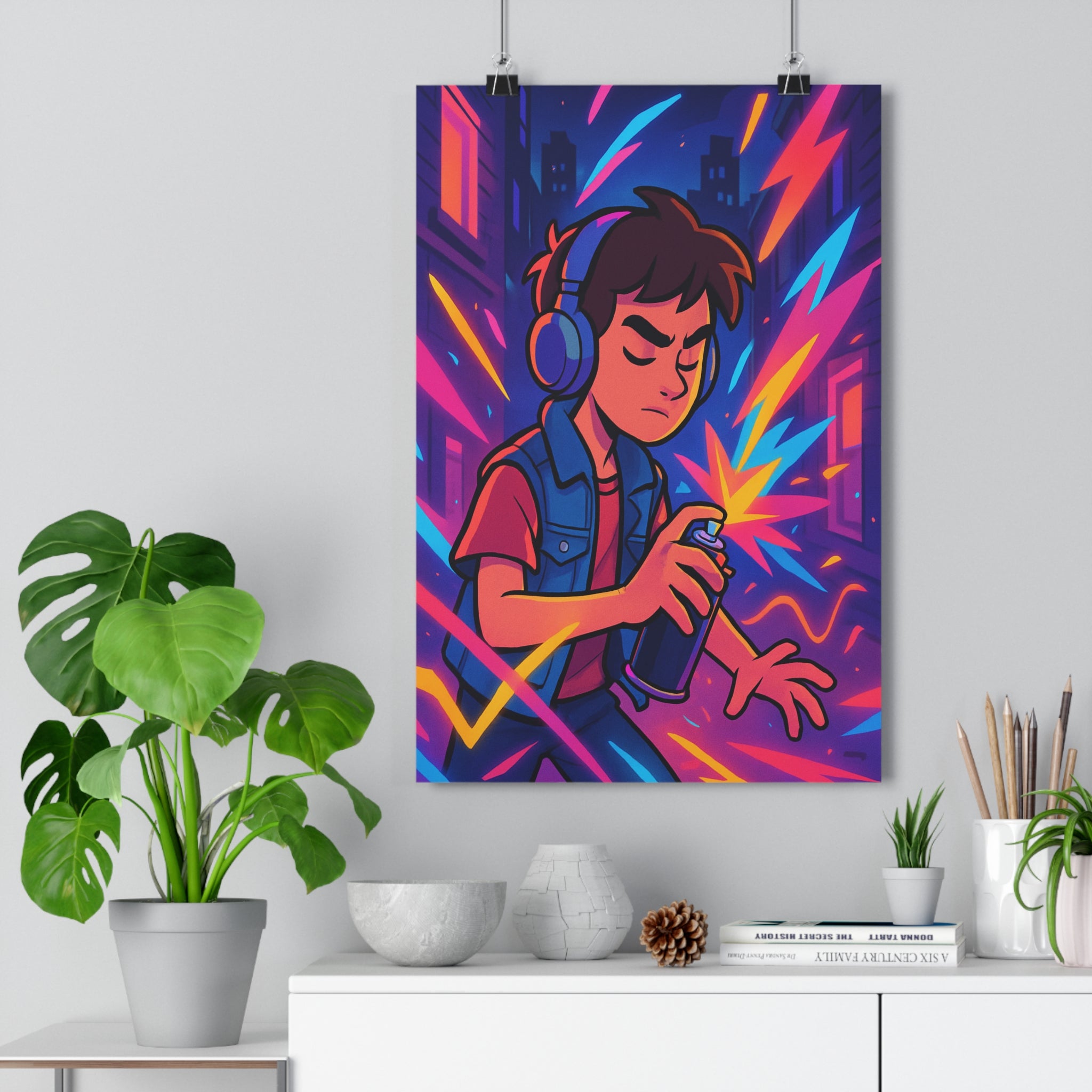 Poster décoratif moderne graffiti bleu rose orange urbain dynamique studio créatif chambre design contemporain