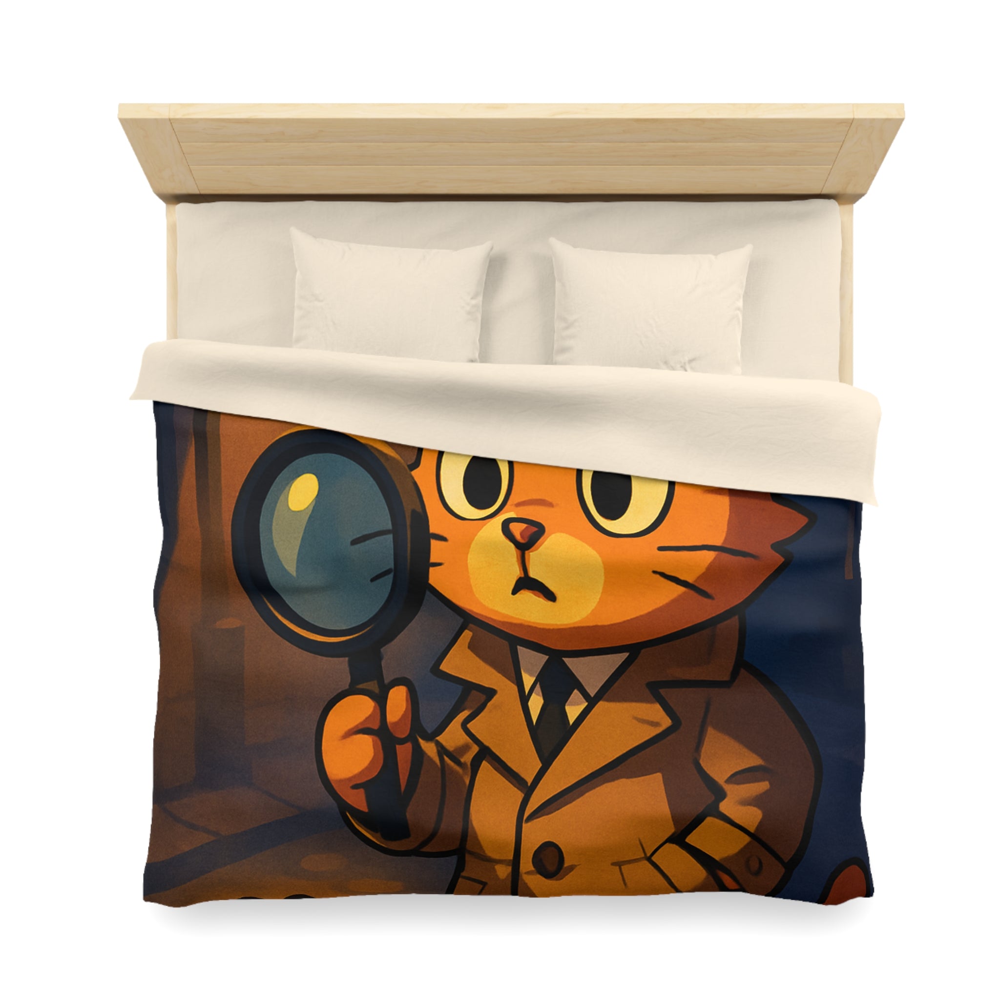 Housse de couette motif chat détective illustré avec lampe et empreinte mystérieuse