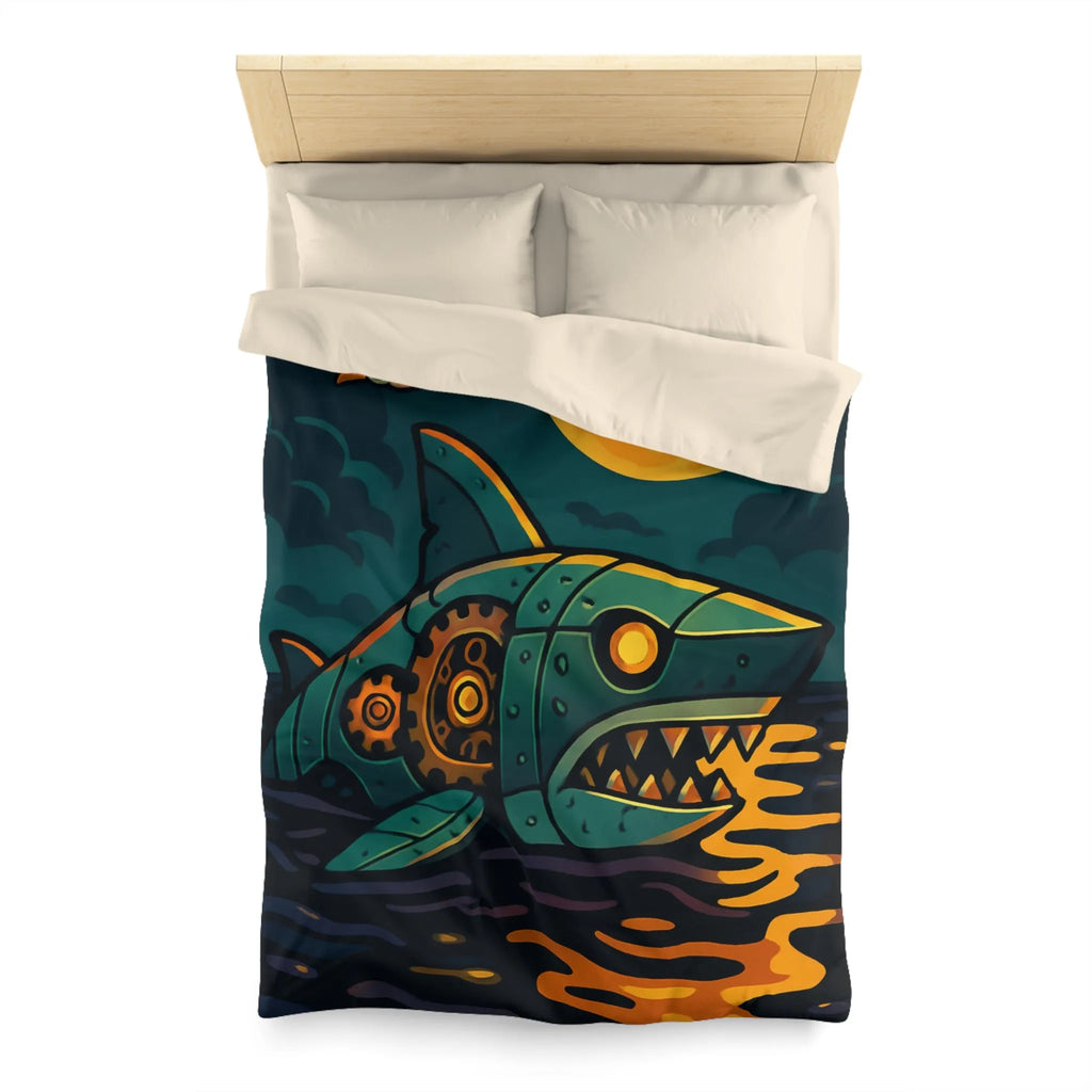 Housse de couette colorée avec requin mécanique sous lune dorée et oiseaux stylisés