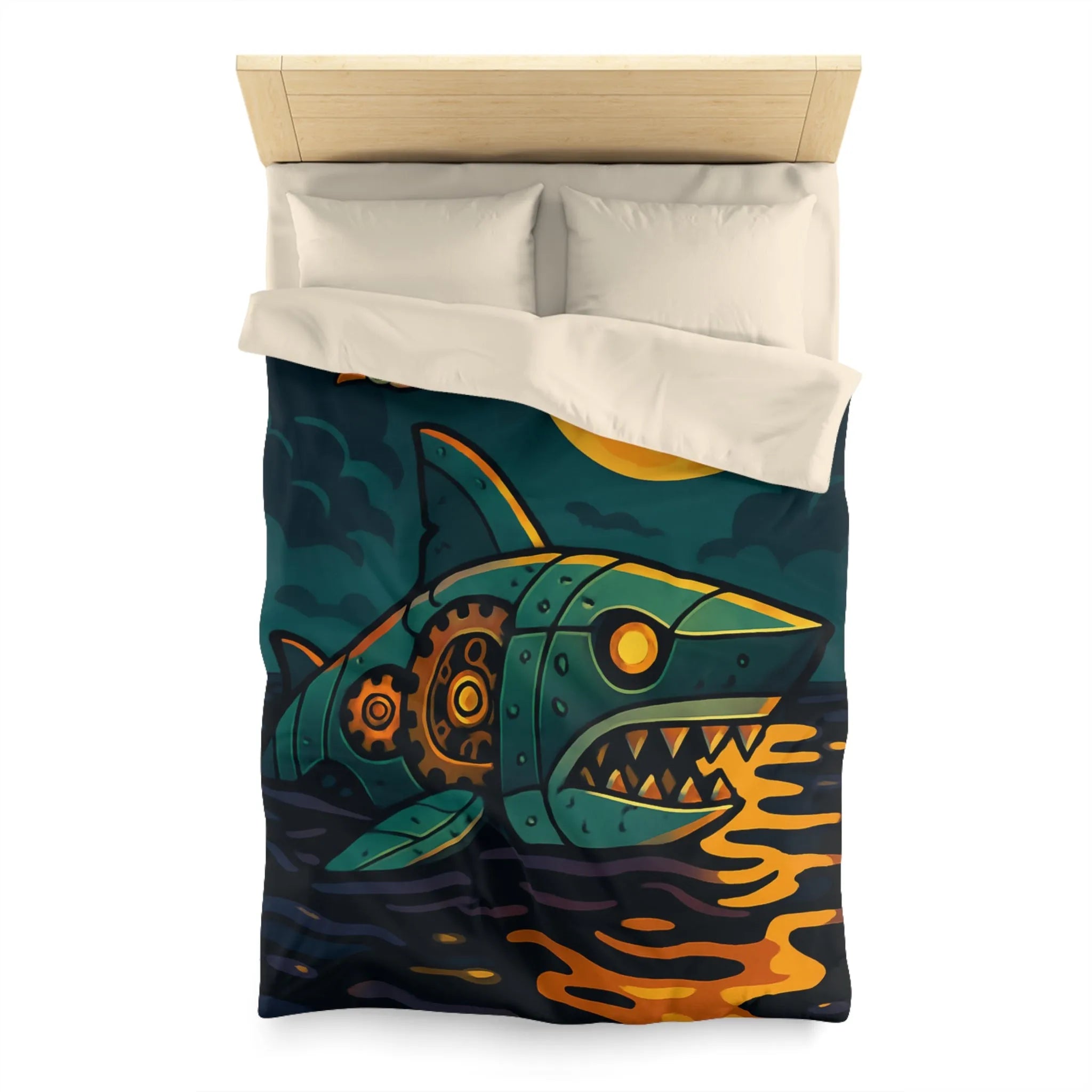 Housse de couette colorée avec requin mécanique sous lune dorée et oiseaux stylisés