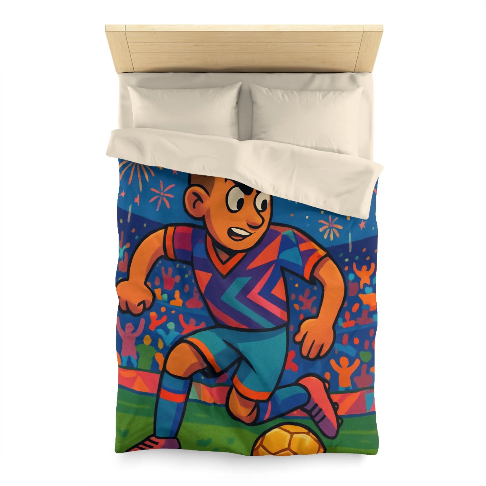 Housse de Couette Enfant Footballeur, Éclats de Couleurs, Feux d’Artifice, Terrain de Foot