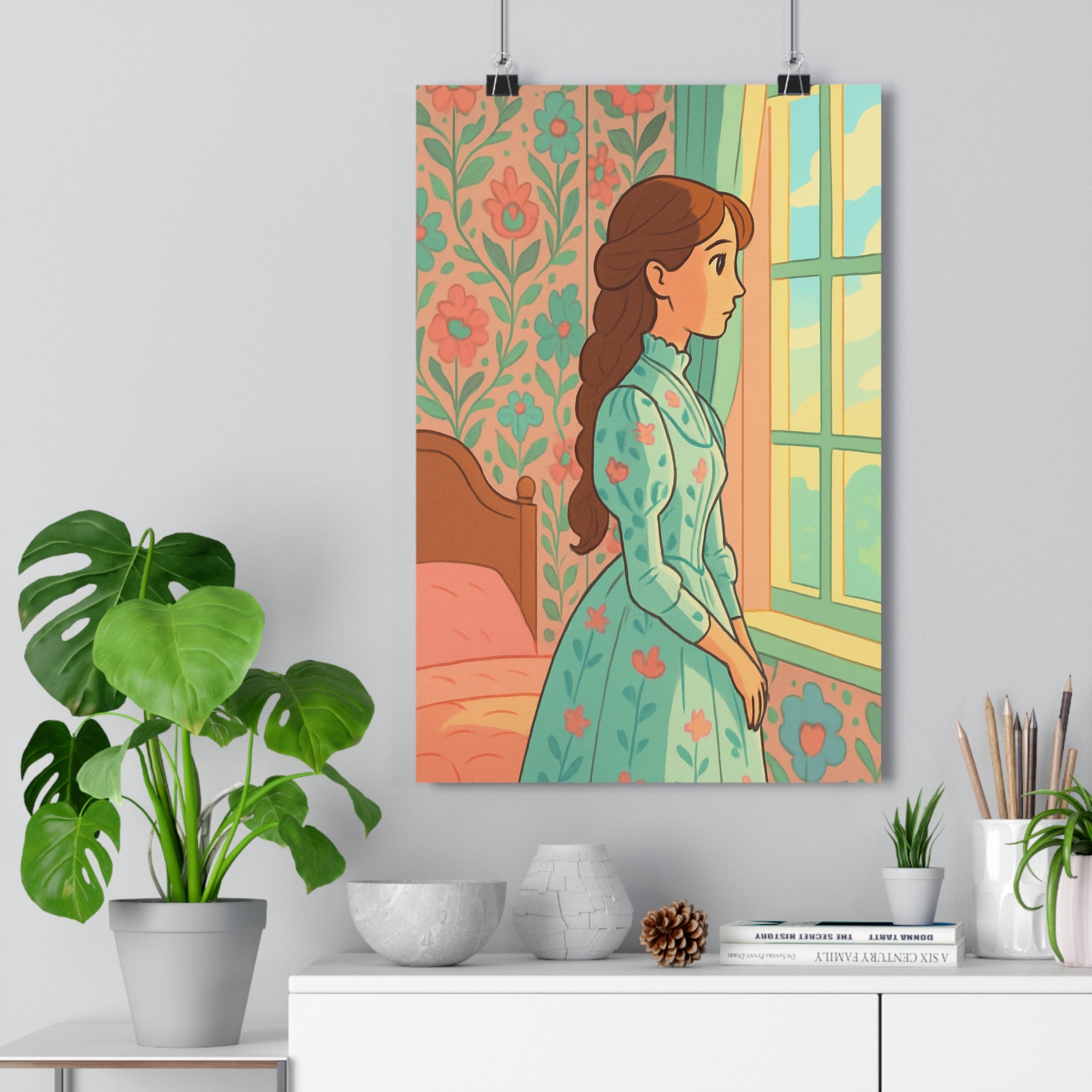 Poster décoratif cartoon victorien pastel rose bleu paisible charmant salon chambre mur intérieur qualité