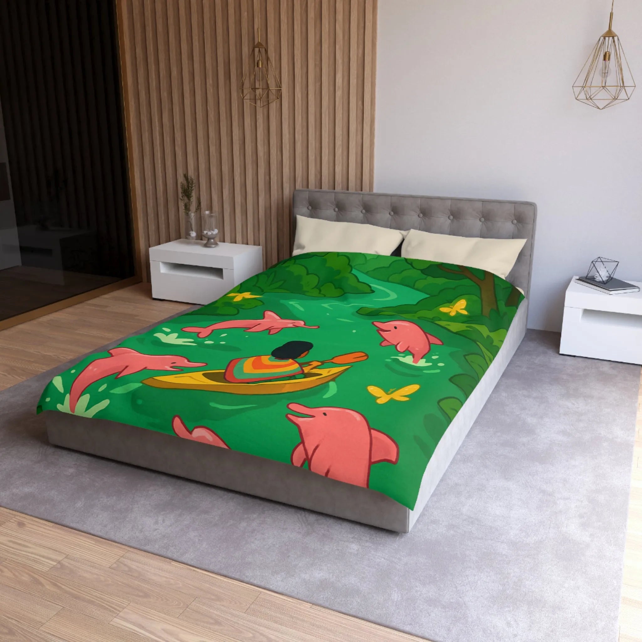 Housse de couette colorée avec dauphins roses et canoë dans une forêt tropicale