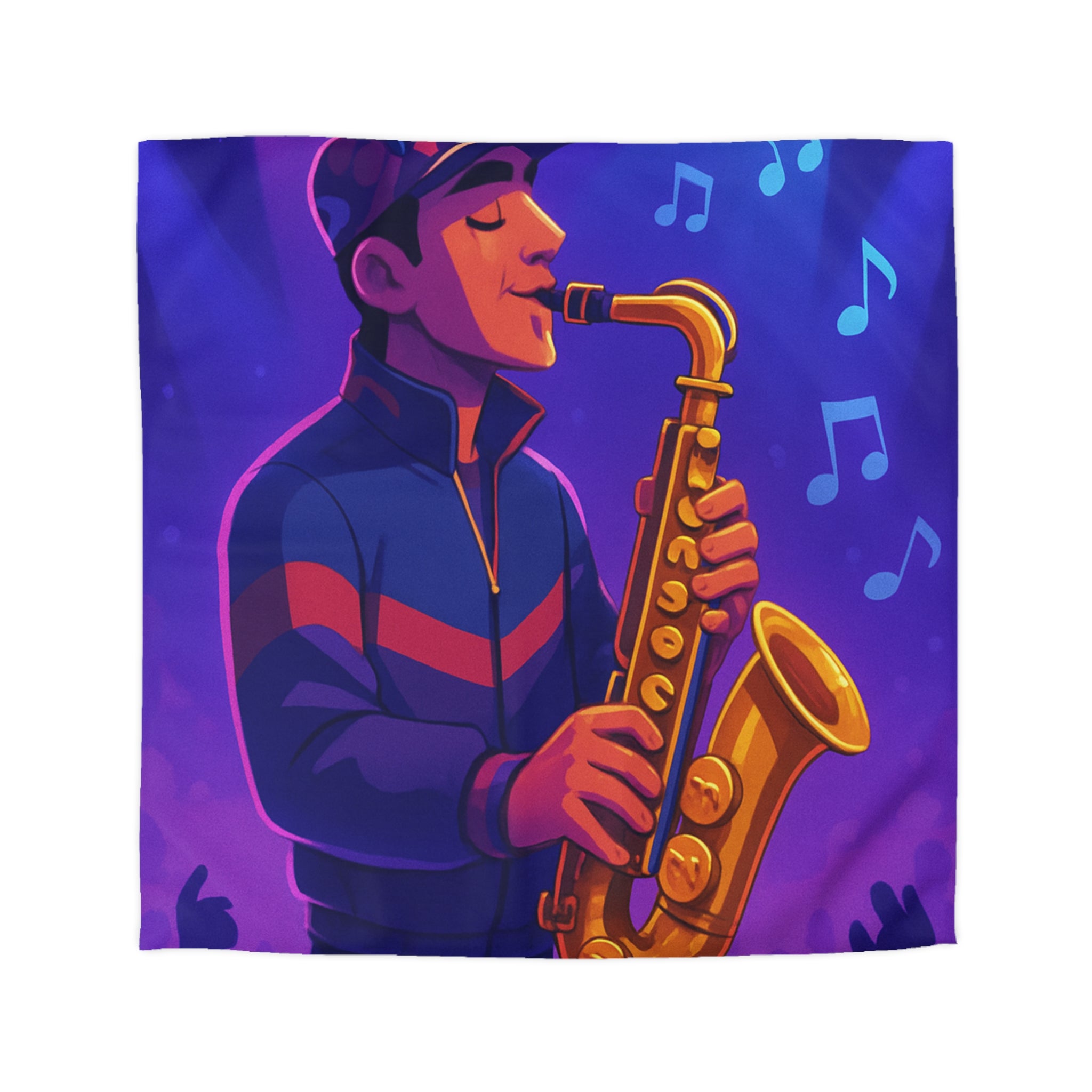 Jazz nocturne vibrant avec joueur de saxophone énergique sous lumières colorées et musique entraînante