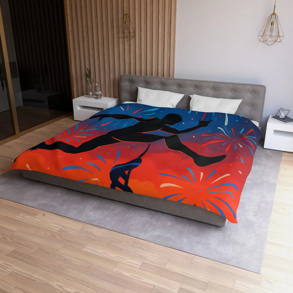 Housse de couette avec silhouette sportive et feux d'artifice, ambiance nocturne colorée