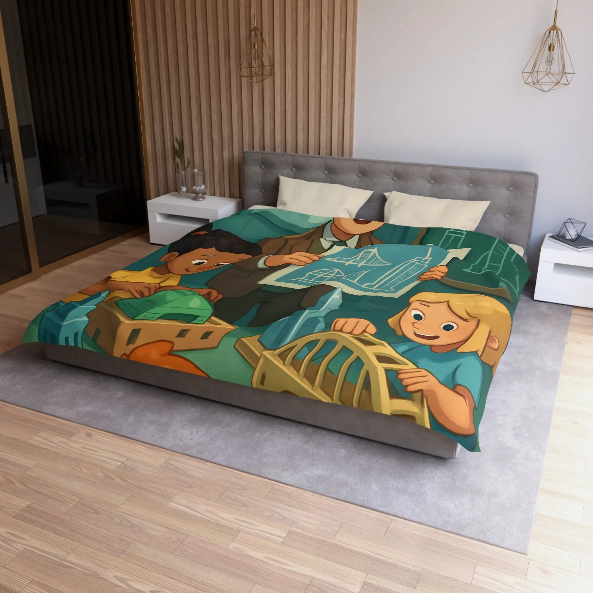 Housse de Couette Enfants Illustrant Un Atelier de Construction Ludique et Éducatif