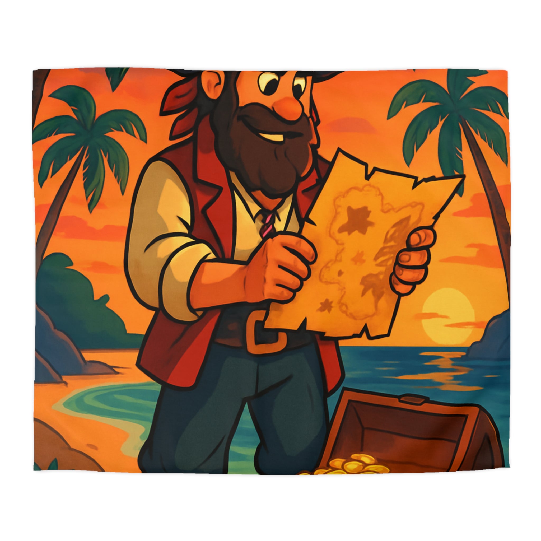 Housse de couette pirate avec coffre au trésor, carte ancienne et palmiers tropicaux