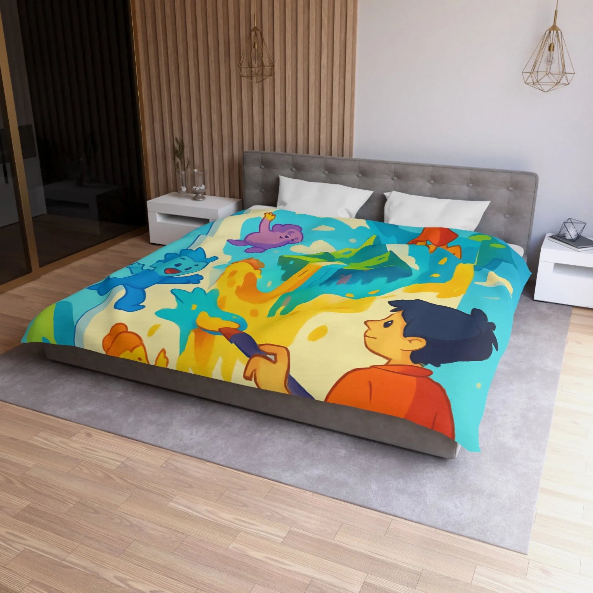 Housse de couette colorée avec personnages joyeux et paysage de montagne fantastique