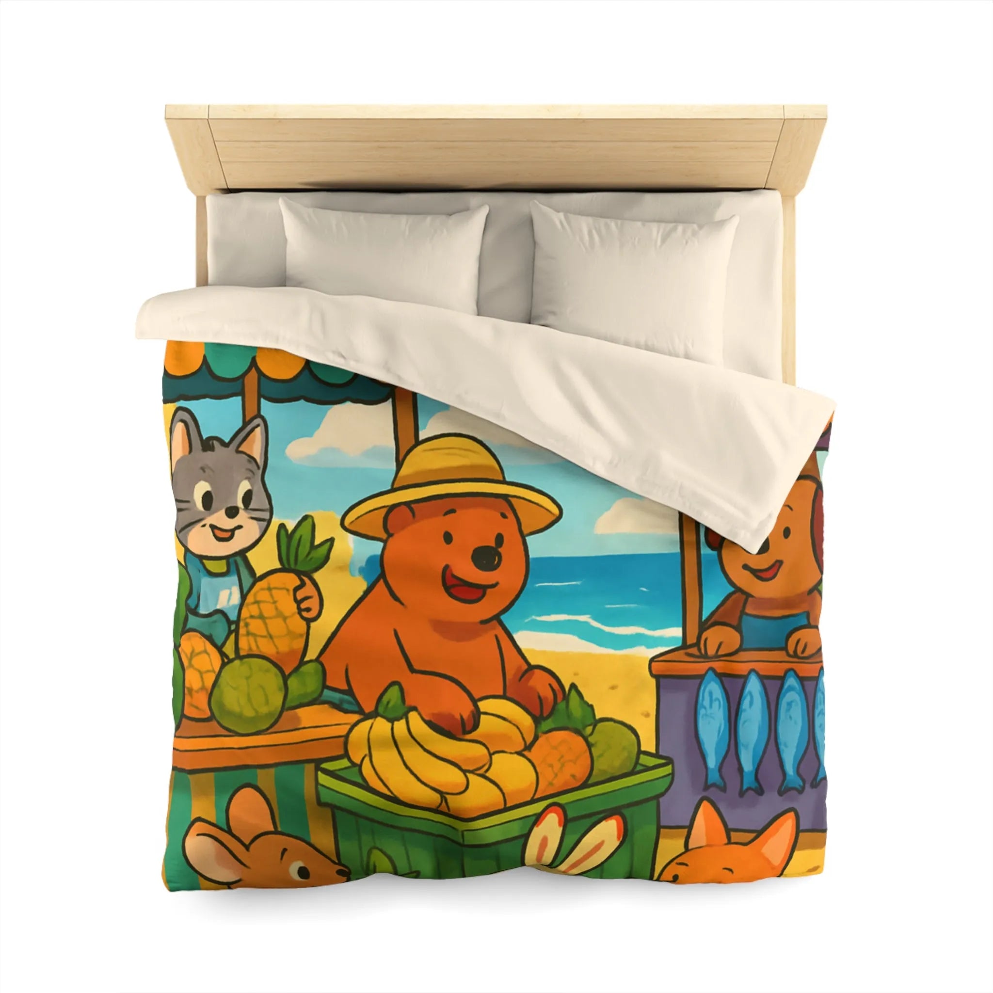 Housse de couette enfant avec animaux mignons sur plage et étals de fruits