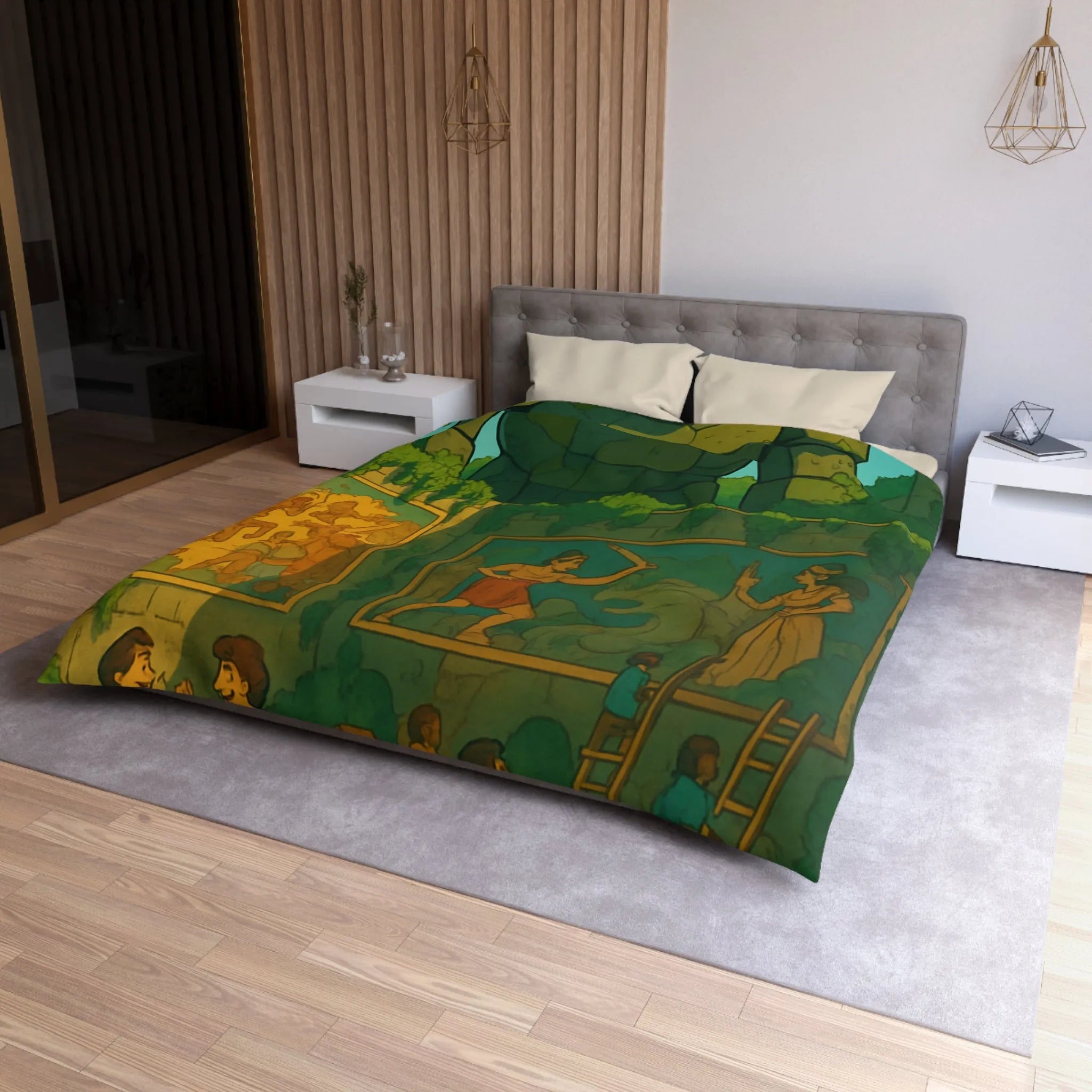 Enchantante parure de lit jardin fantastique avec golem géant et enfants joueurs colorés