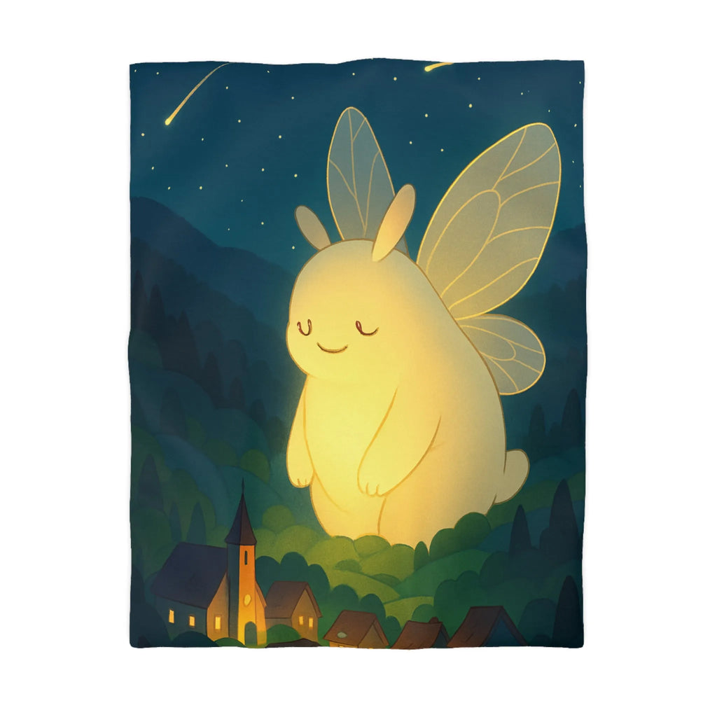 Housse de Couette Féérique avec Créature Lumineuse et Village Étoilé dans la Nuit