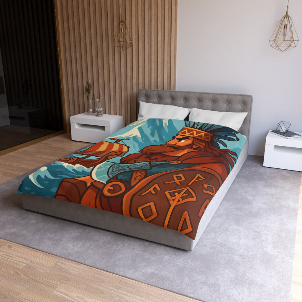 Housse de couette viking avec guerrier, montagne, navire, mer, motifs runiques