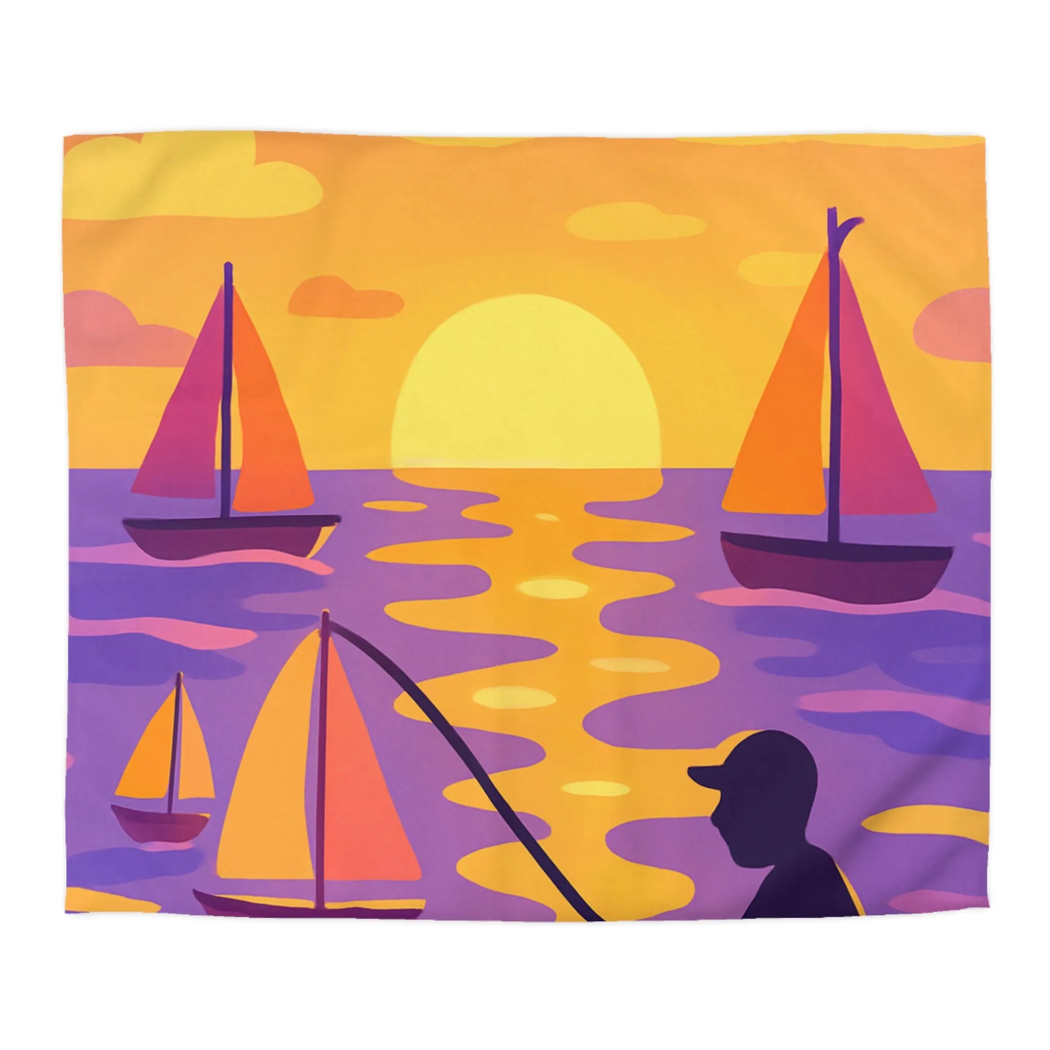 Housse de couette colorée avec voiliers et coucher de soleil magnifique au bord de l'eau