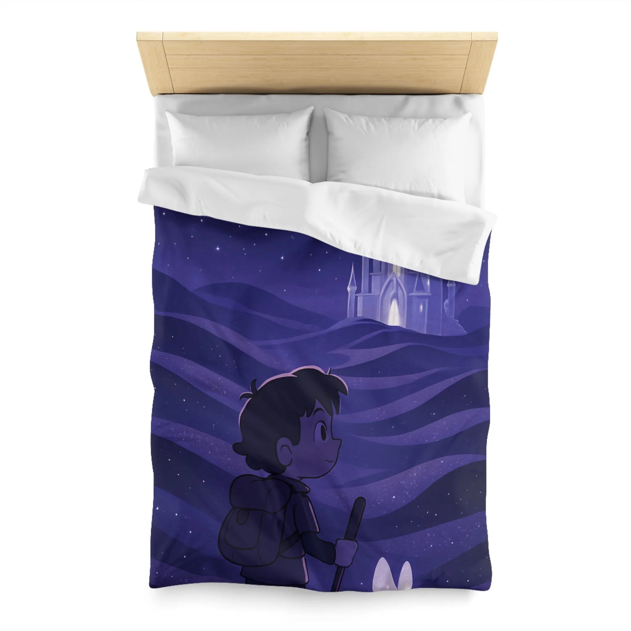 Housse de couette magique avec château céleste et promeneur nocturne scintillant