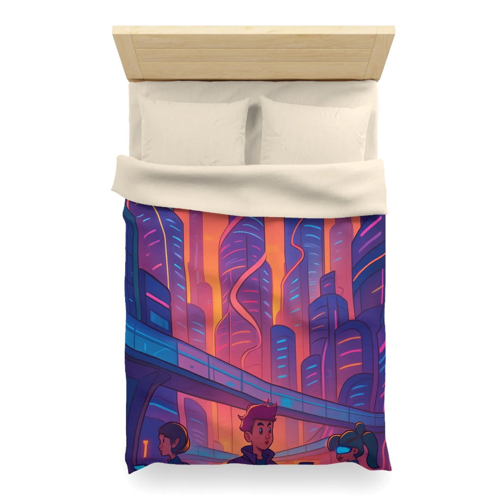 Housse de couette décor futuriste avec ville néon et gratte-ciel au coucher du soleil