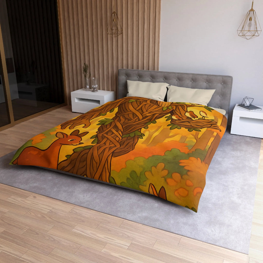 Housse de couette enchantée avec arbre humanoïde et animaux de la forêt colorés